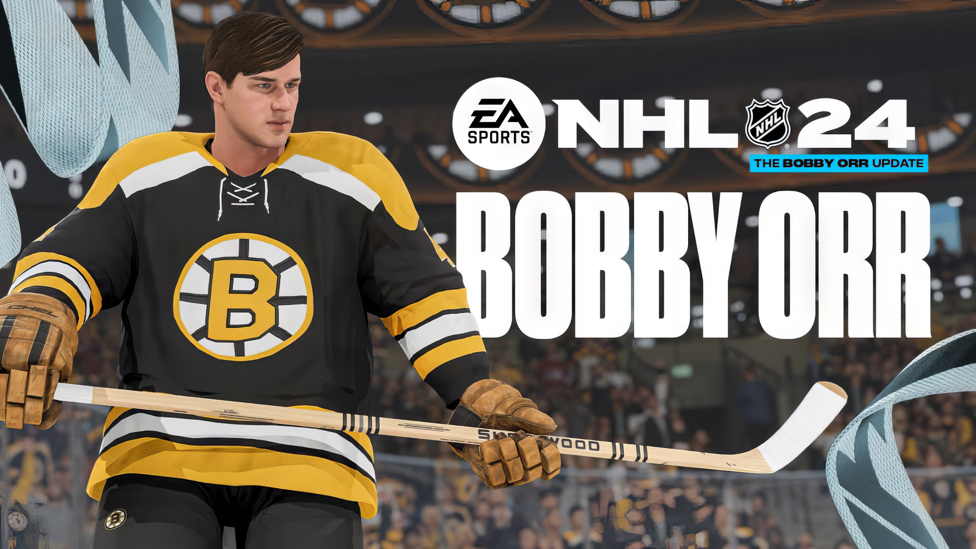 HD desktop wallpaper of NHL 24 video game featuring a virtual hockey player in a Boston Bruins jersey with 'Bobby Orr Update' text displayed prominently.
