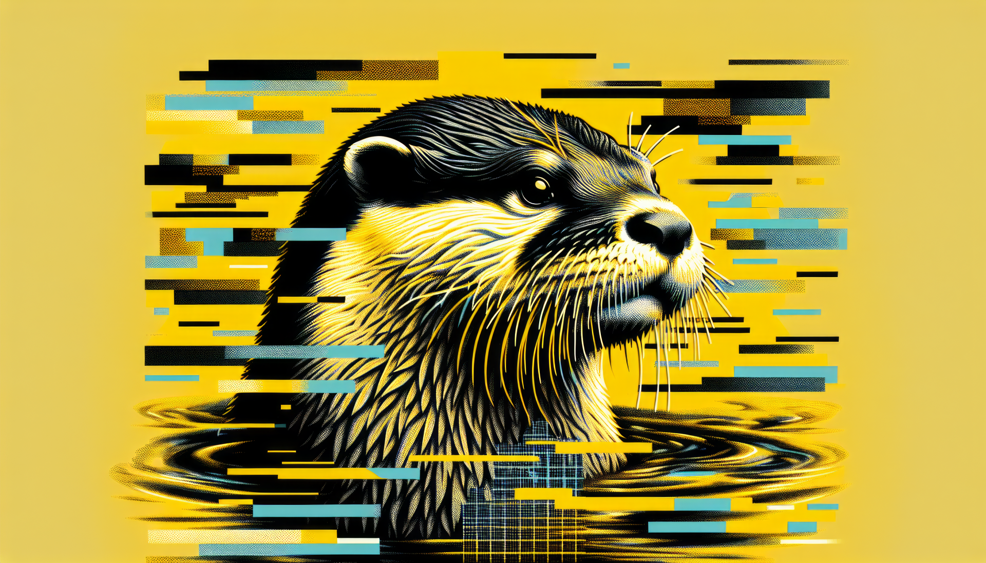 An artistic depiction of an otter emerging from water, set against a vibrant yellow background with abstract digital patterns, making it a captivating HD desktop wallpaper.