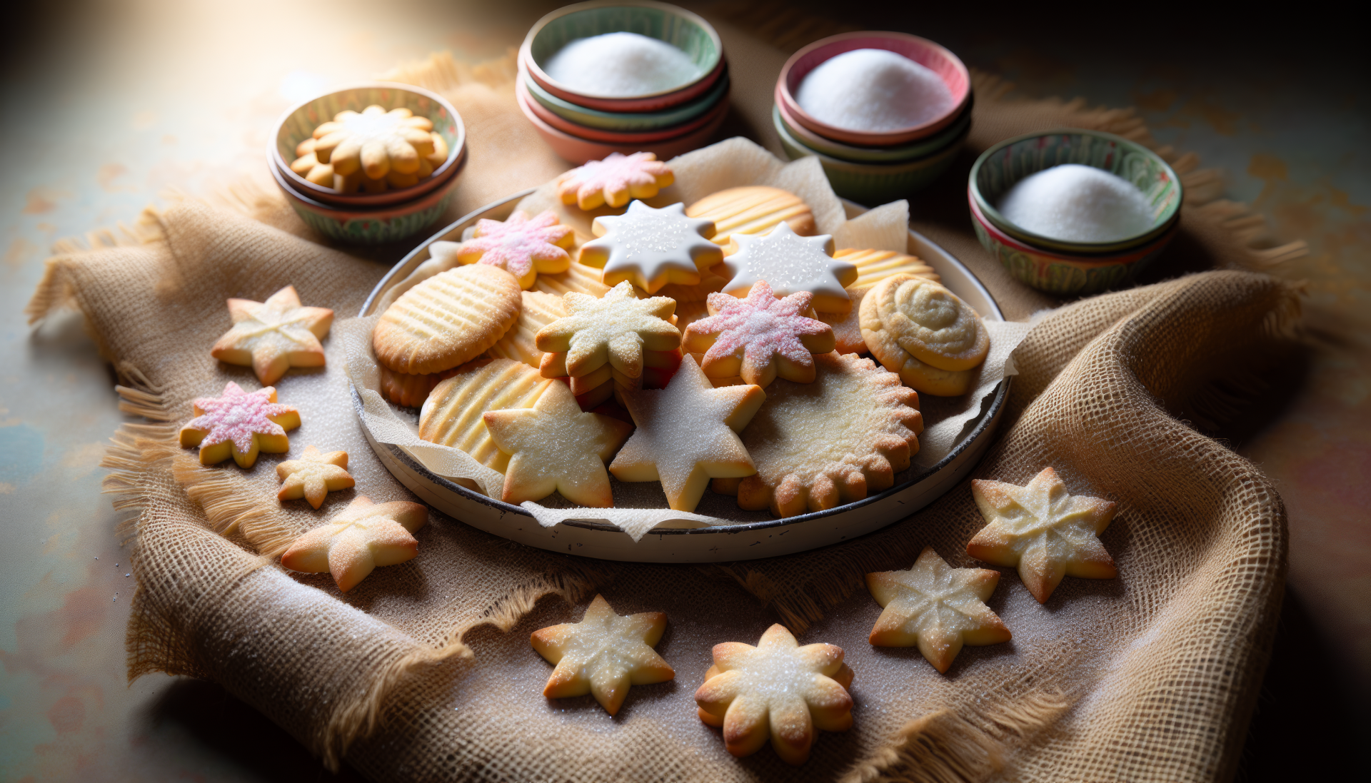 A beautifully arranged platter of assorted sugar cookies, featuring star and circle shapes, surrounded by bowls of sugar, set against a warm, textured background. HD desktop wallpaper.