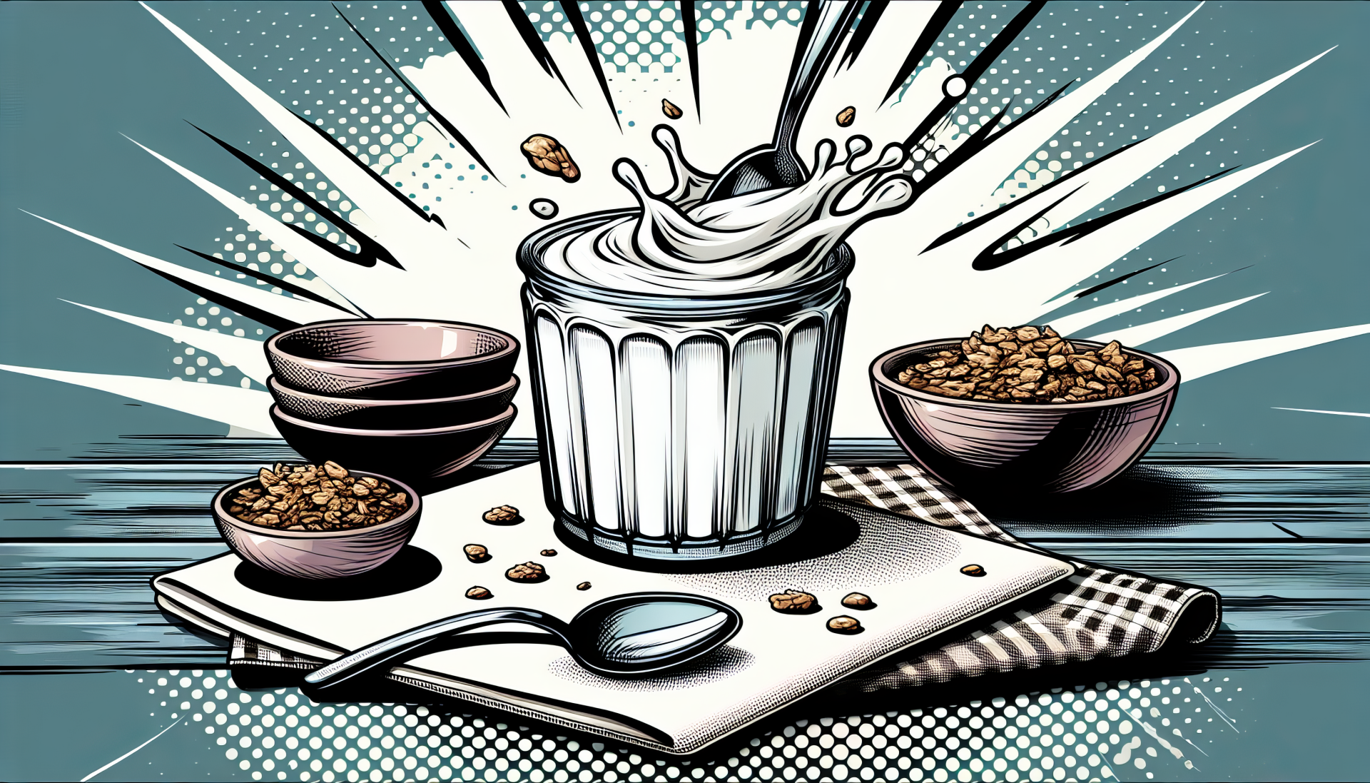 HD wallpaper of a stylized yogurt cup with splashing yogurt, bowls of granola, and a spoon on a tablecloth.