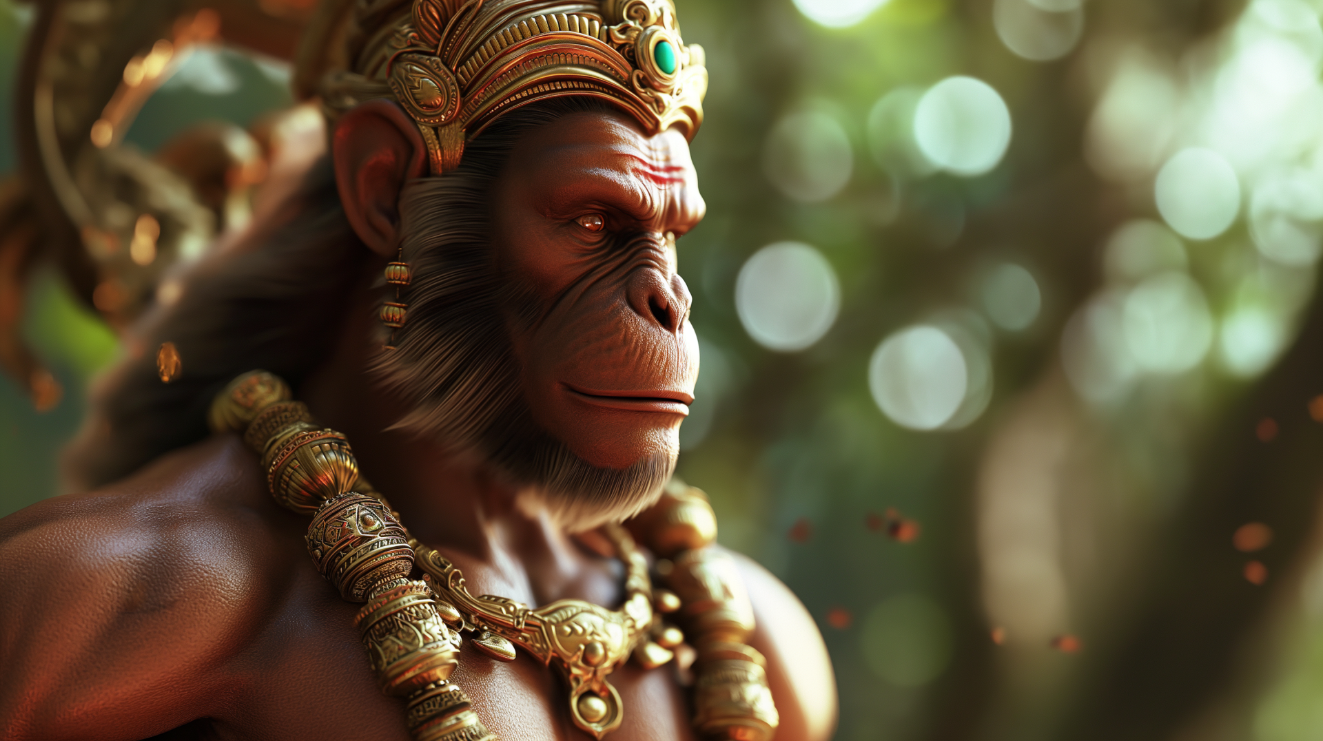 HD desktop wallpaper of Lord Hanuman with a detailed depiction, adorned with traditional jewelry against a blurred forest backdrop.