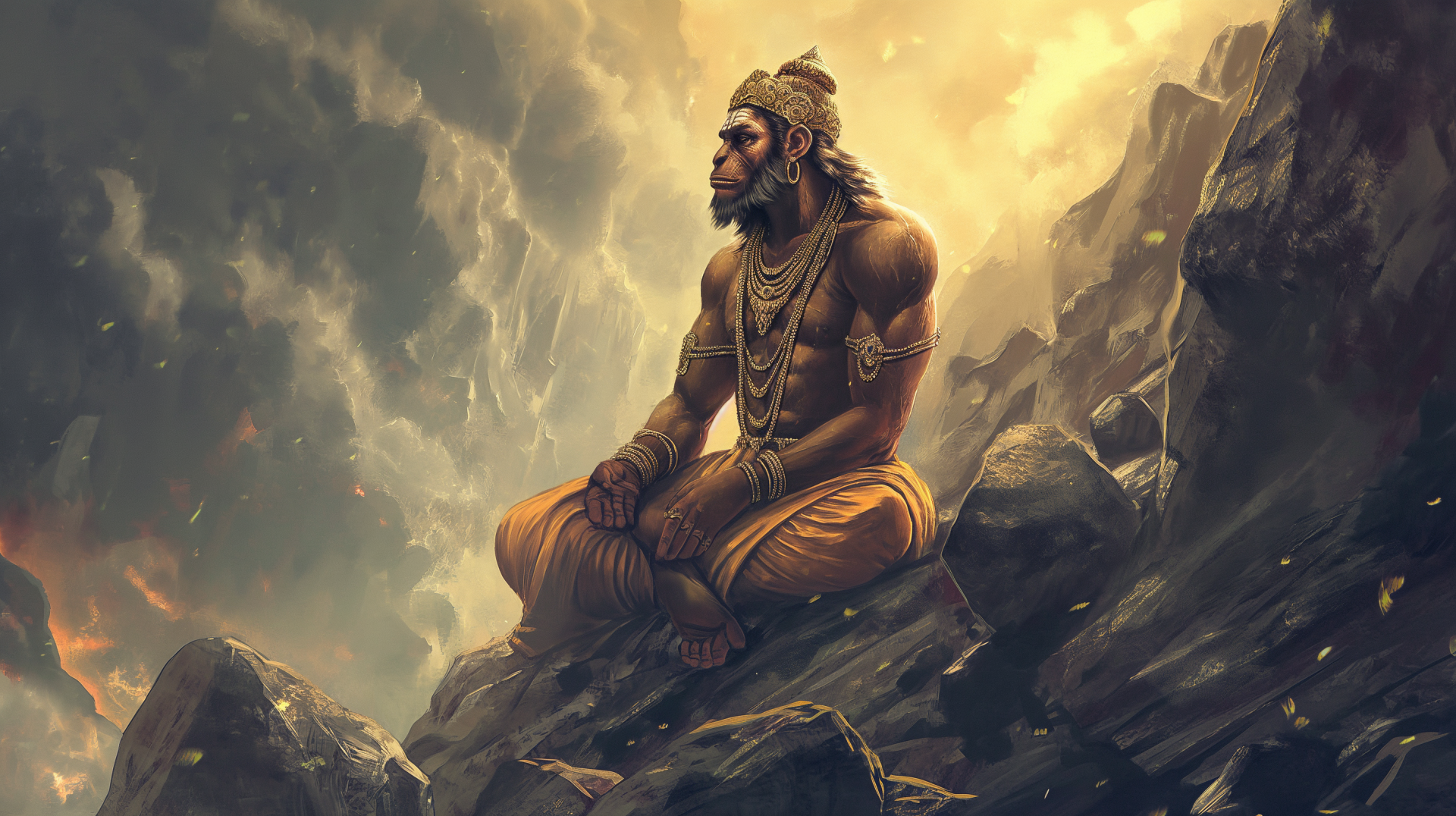 HD wallpaper of Lord Hanuman sitting on rocks with moody sky background for desktop.
