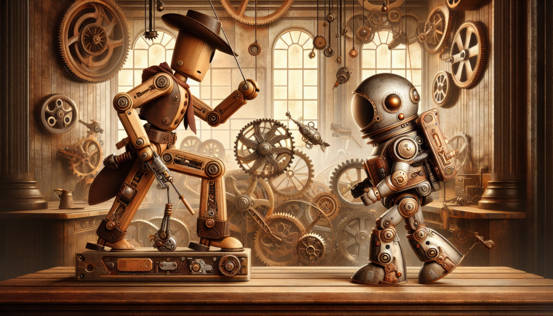 A whimsical depiction from Toy Story featuring two animated characters, a wooden cowboy and a vintage robot, set against a backdrop of intricate gears and machinery.
