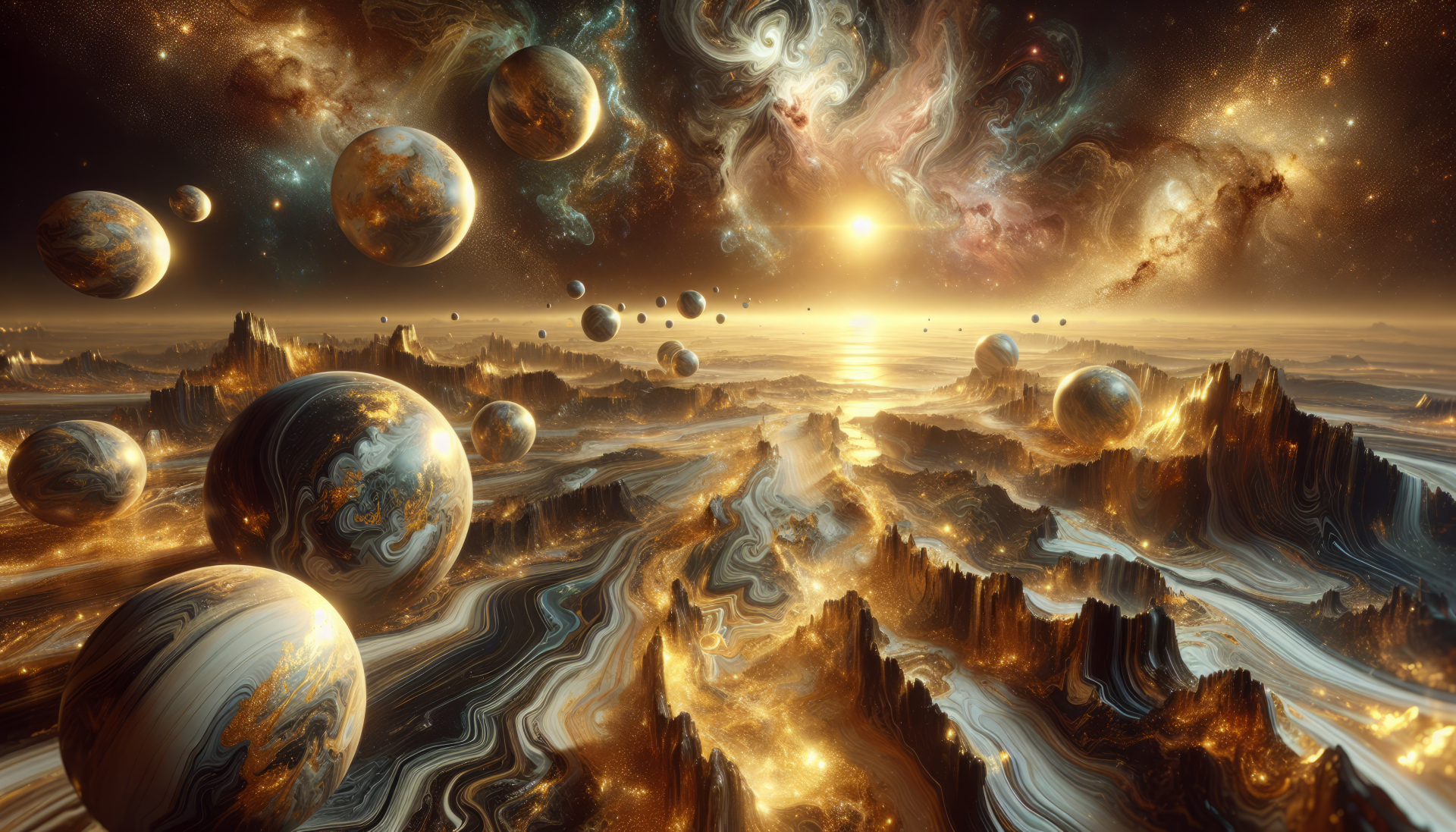 HD fantasy space wallpaper featuring multiple planets and cosmic landscapes with a glowing nebula and sunrise.