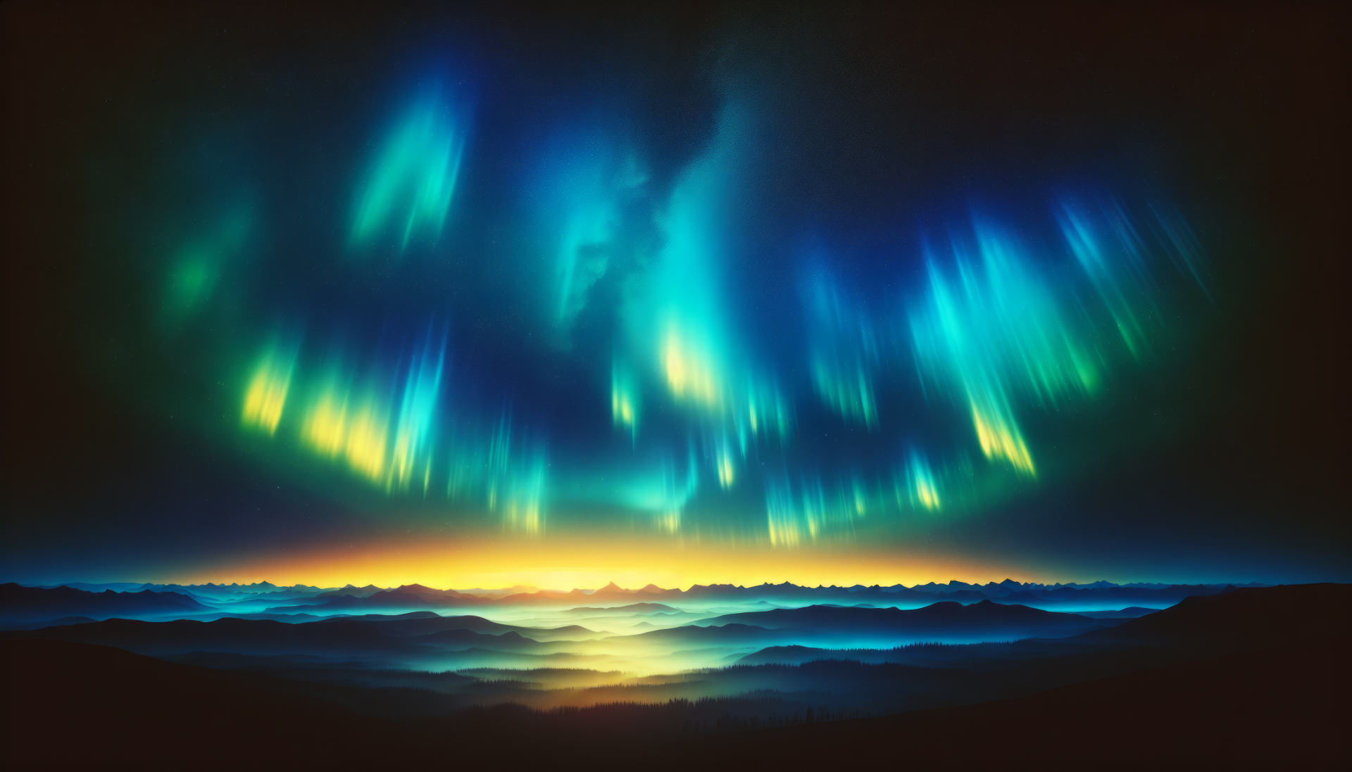 HD Wallpaper of ethereal aurora lights over mountainous landscape at dusk for desktop background.