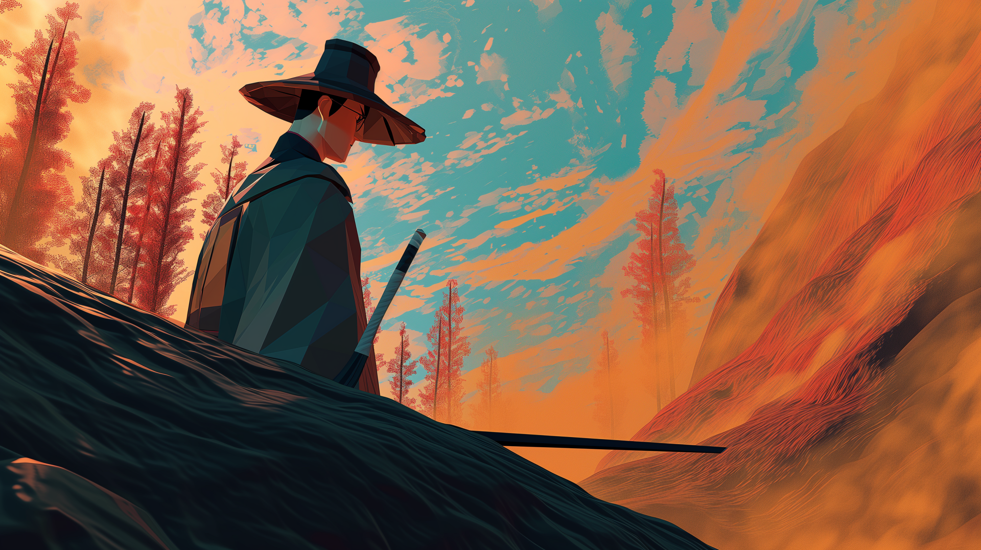 HD desktop wallpaper featuring an artistic depiction of a blue-eyed samurai in a serene forest setting with an orange and blue sky.