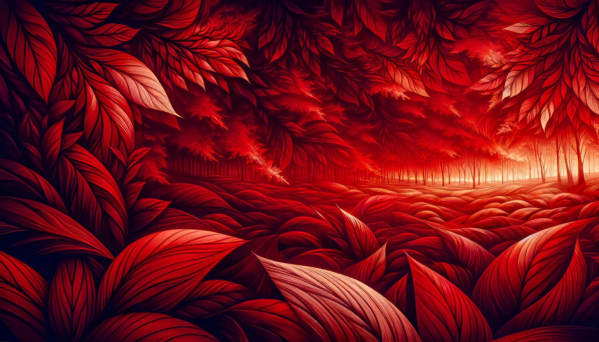 Red and orange foliage-themed HD desktop wallpaper with an artistic representation of a dense leafy forest.