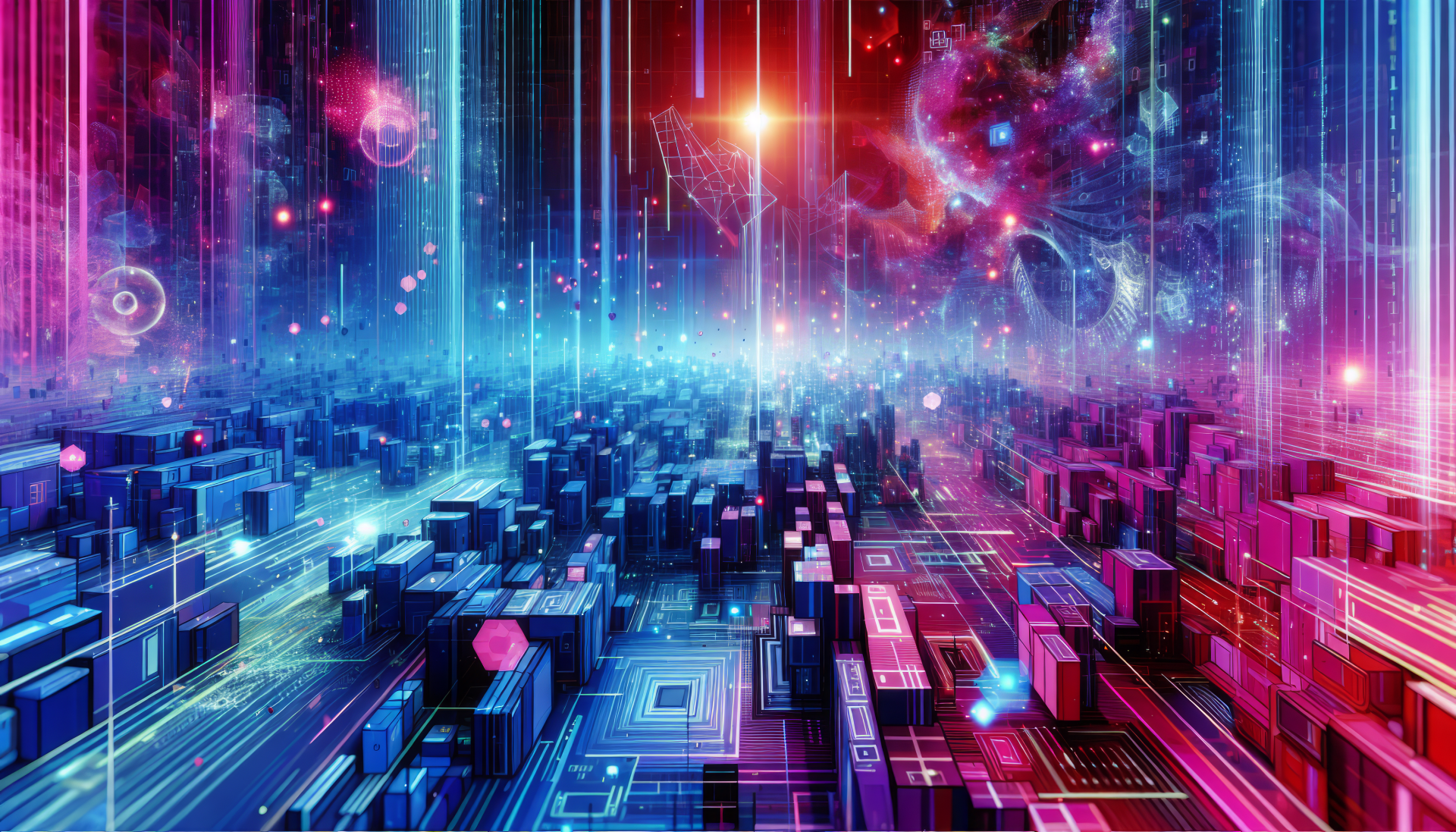 A vibrant virtual reality scene featuring a futuristic cityscape, illuminated by colorful lights and cosmic elements, serves as an HD desktop wallpaper and background.