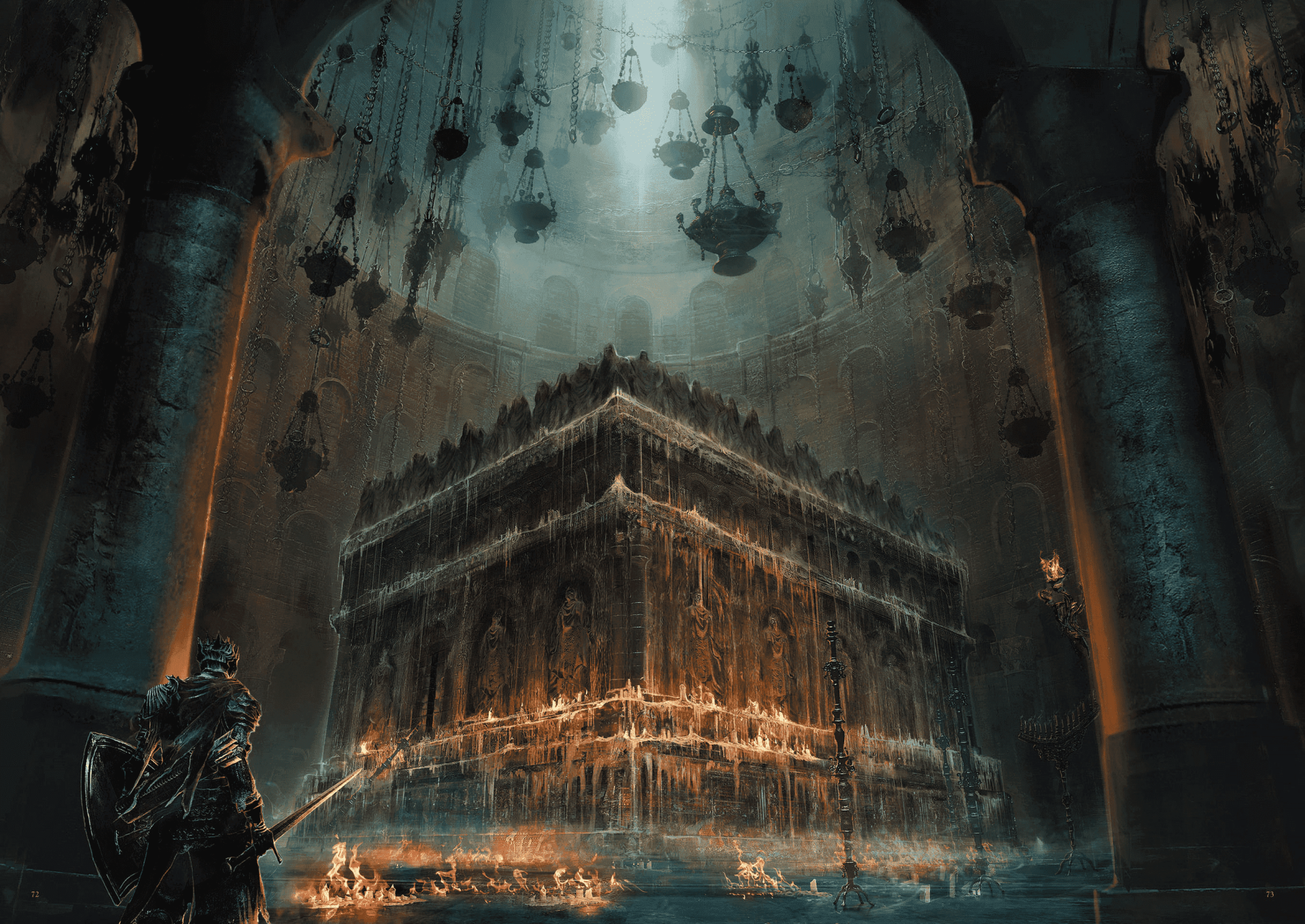 Dark Souls III HD PC desktop wallpaper showing a dark, atmospheric dungeon with a lone armored figure facing a large, glowing, cube-like structure surrounded by hanging lanterns.