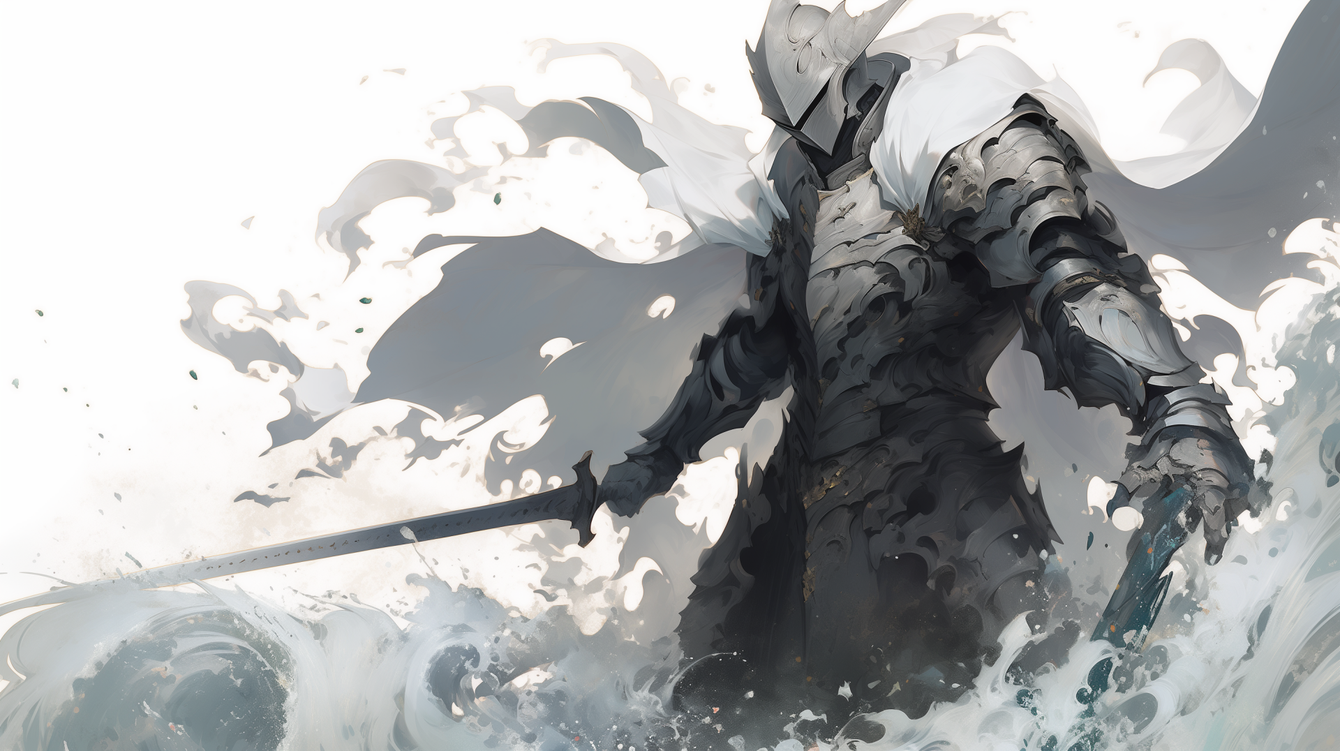 HD wallpaper of a fantasy knight in armor amidst a dynamic, artistic depiction of swirling mist and water.