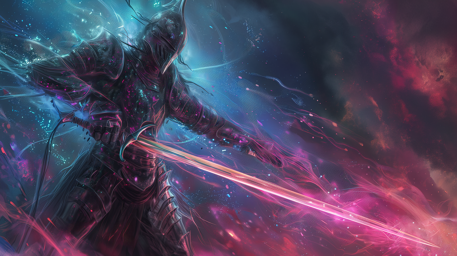 HD desktop wallpaper featuring a fantasy knight with glowing armor wielding a radiant energy sword, set against a vibrant cosmic backdrop.