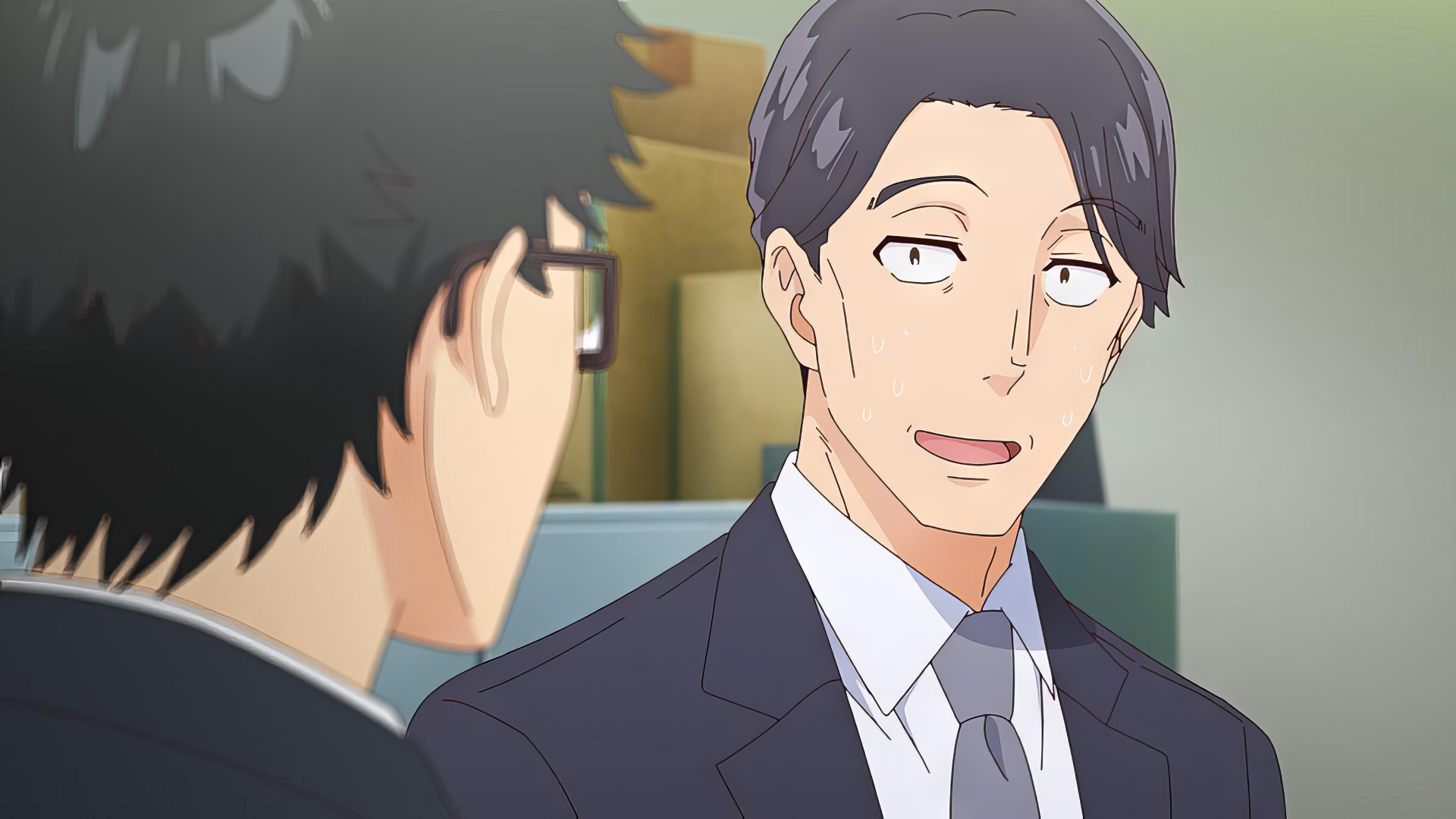 Anime character from 'Sasaki and Peeps' with a wry smile in HD desktop wallpaper.