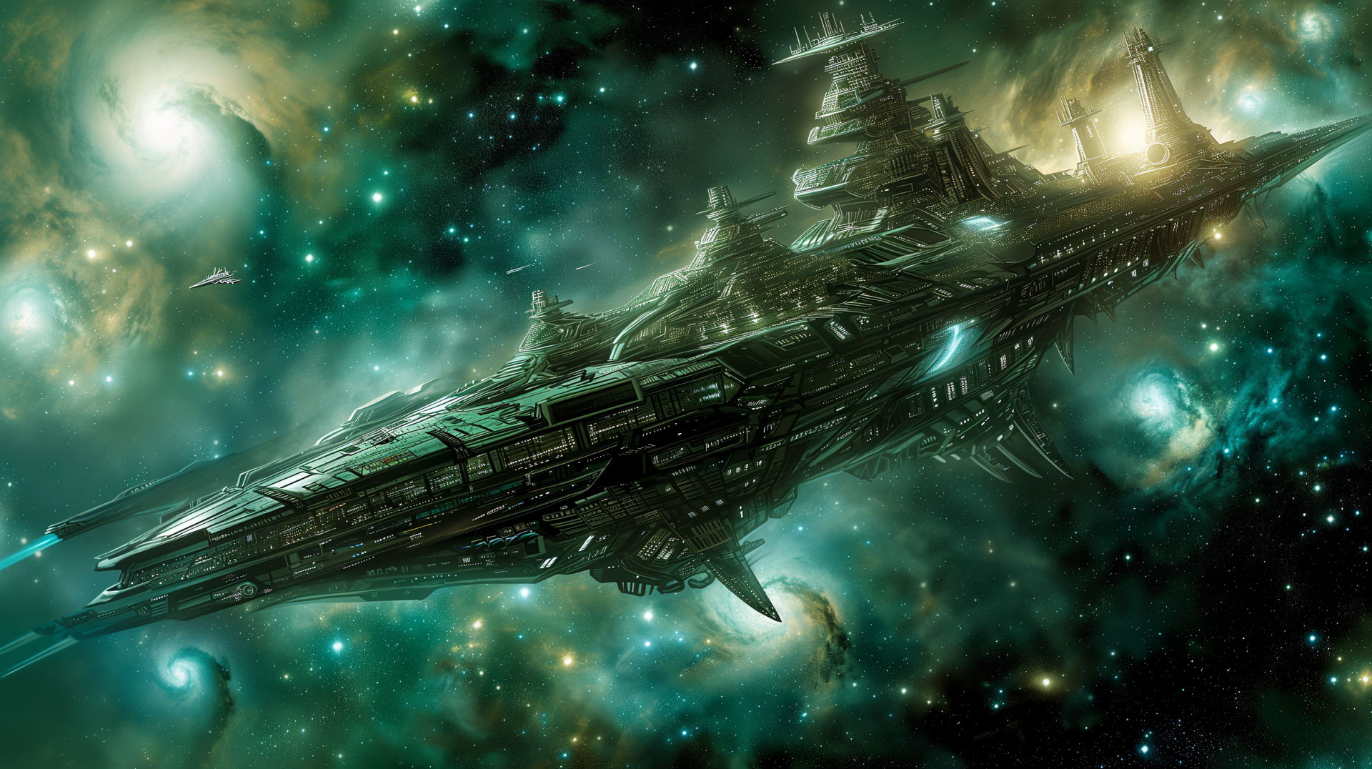 HD desktop wallpaper featuring a majestic sci-fi spaceship soaring through a star-filled nebula.