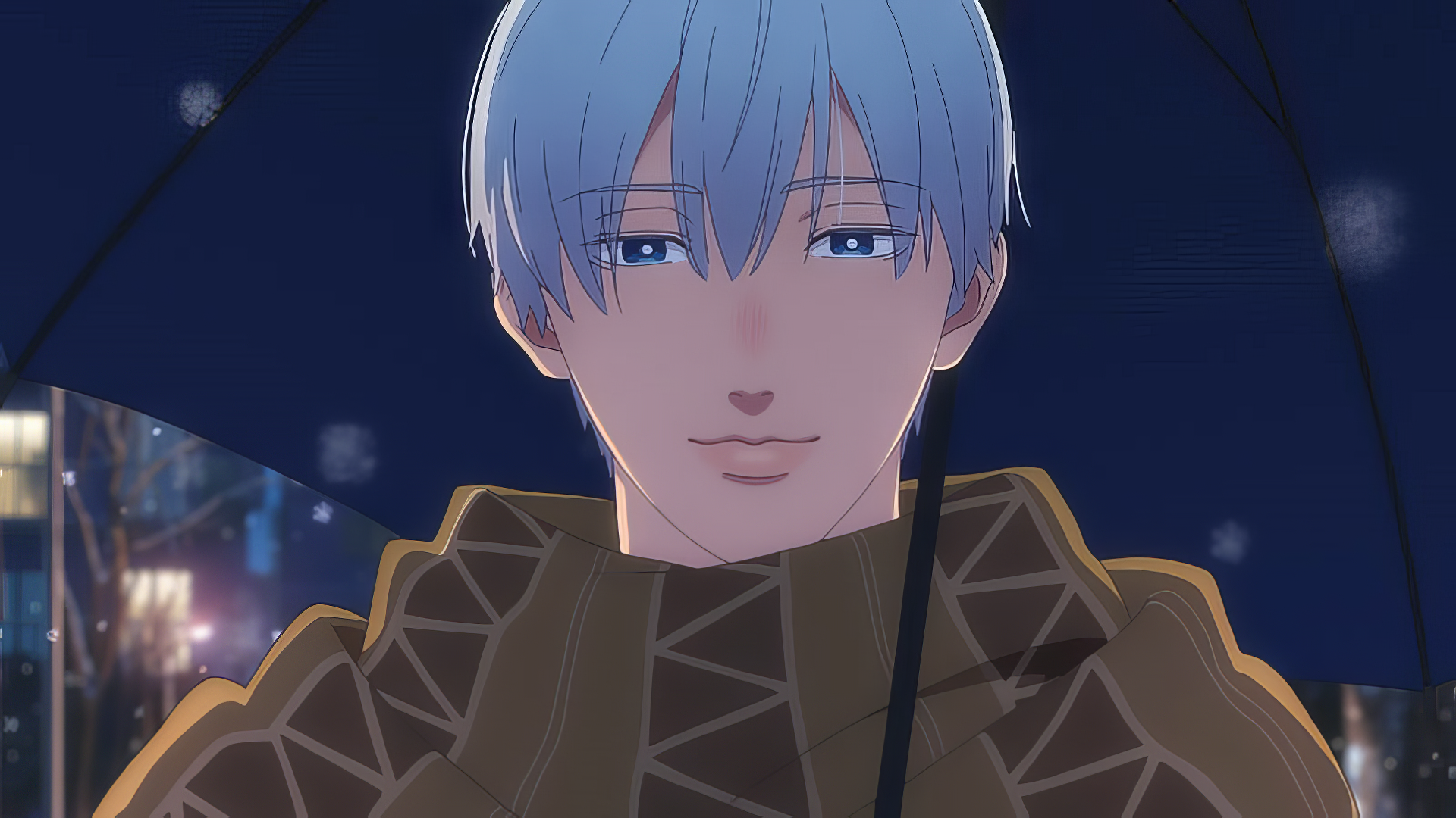 Anime character with blue hair and a contemplative expression under a night sky, HD wallpaper tagged with 'A Sign of Affection'.