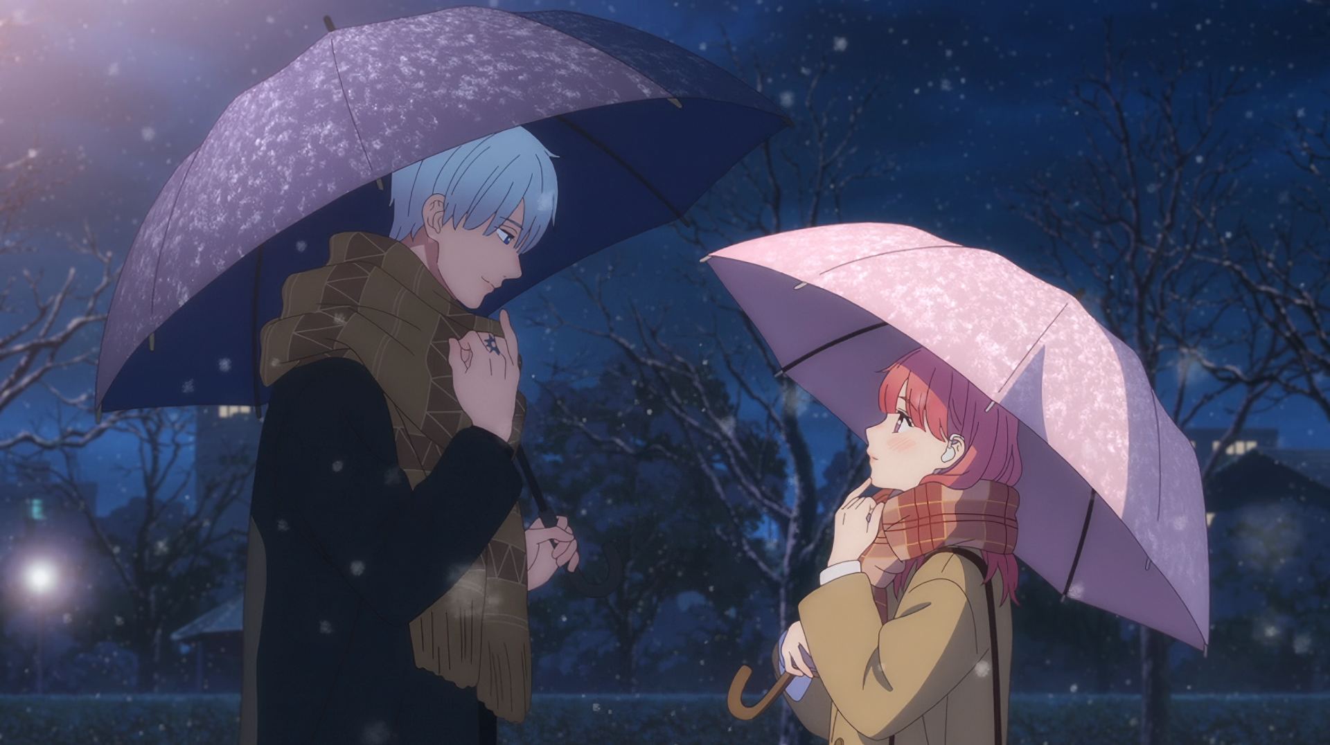 Anime couple sharing a moment of affection under umbrellas in the snow, HD wallpaper.
