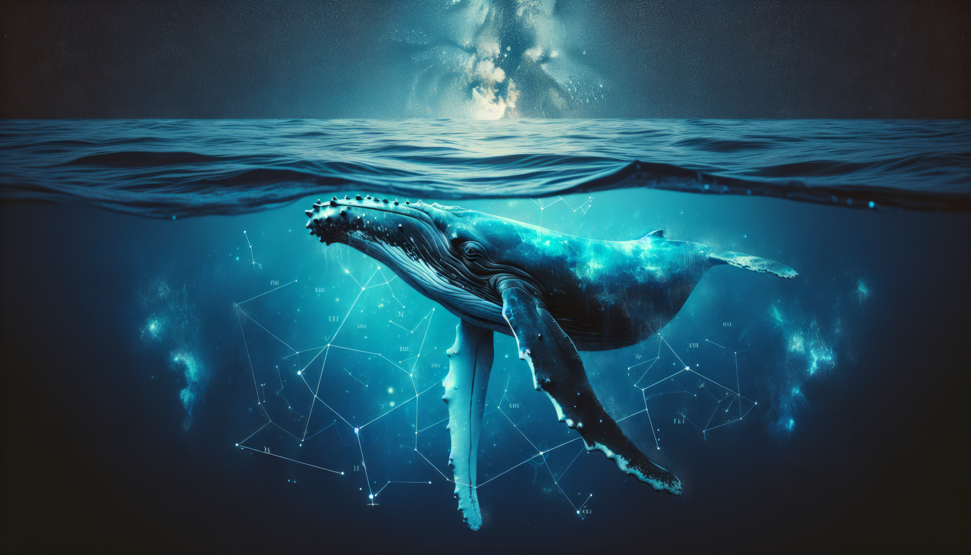 A serene HD desktop wallpaper featuring a humpback whale swimming beneath the water's surface, illuminated by a mystical blue light and surrounded by cosmic patterns.
