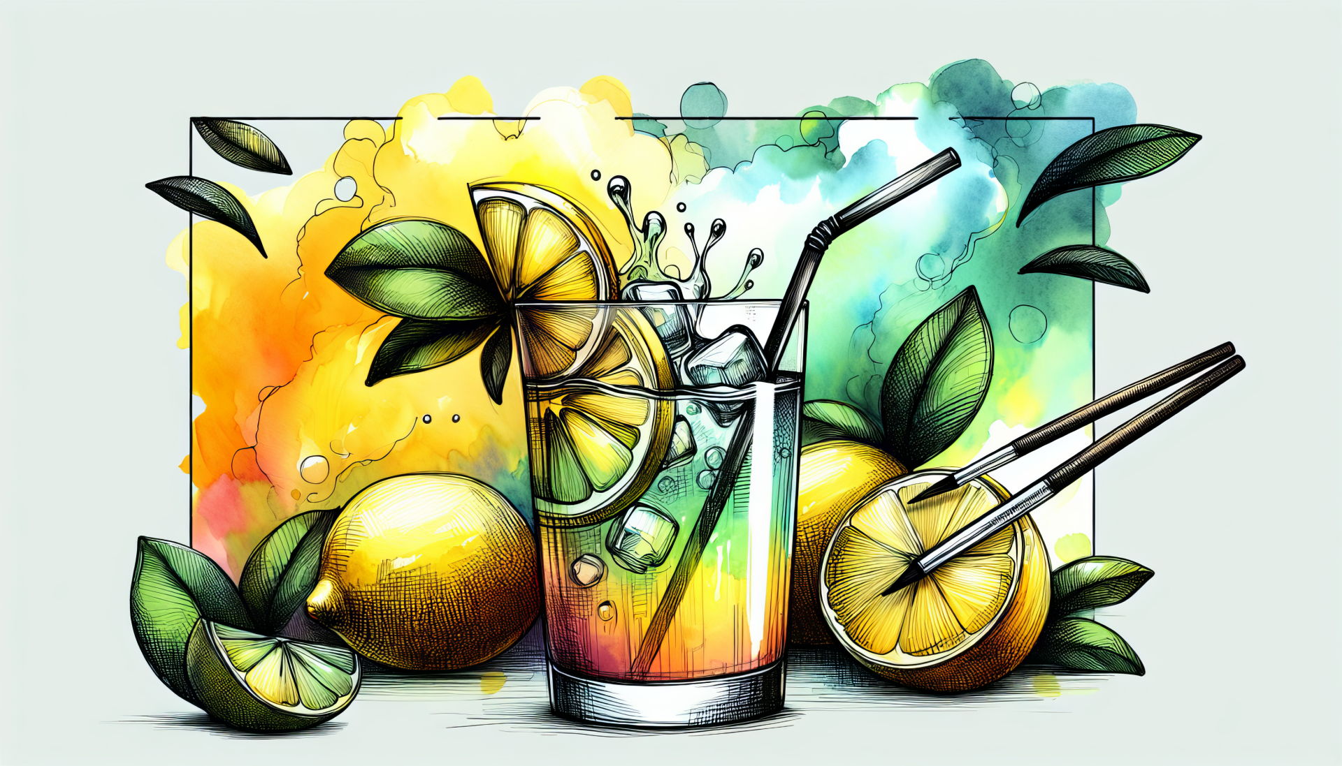 Colorful illustrated lemonade HD wallpaper with fresh lemons and a glass of lemonade on a vibrant watercolor background.