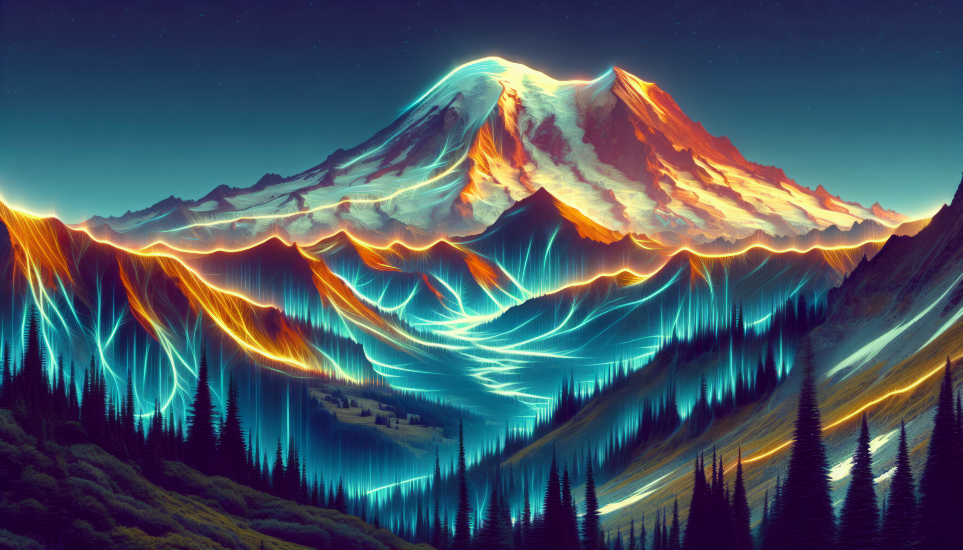 HD wallpaper of an artistic rendition of Mount Rainier with vibrant, glowing light trails and a serene forest in the foreground.