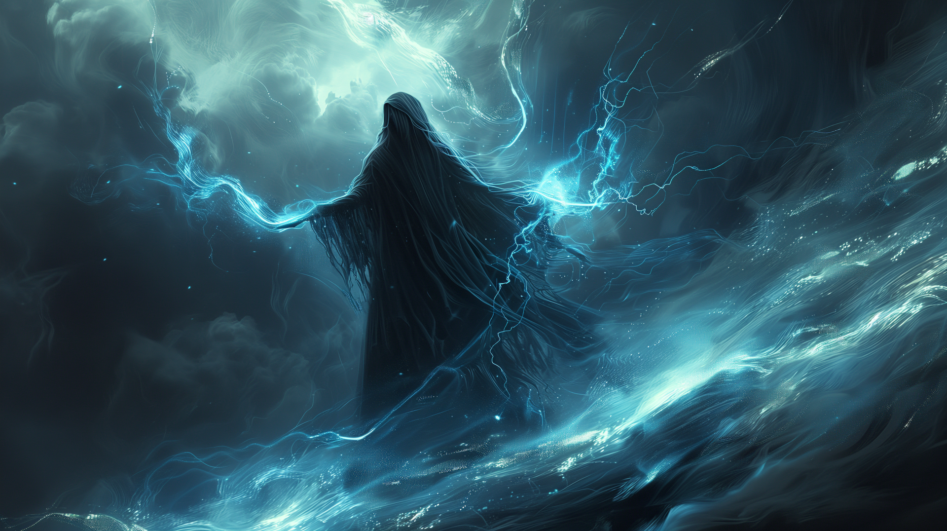 Fantasy wizard casting lightning spell HD wallpaper.