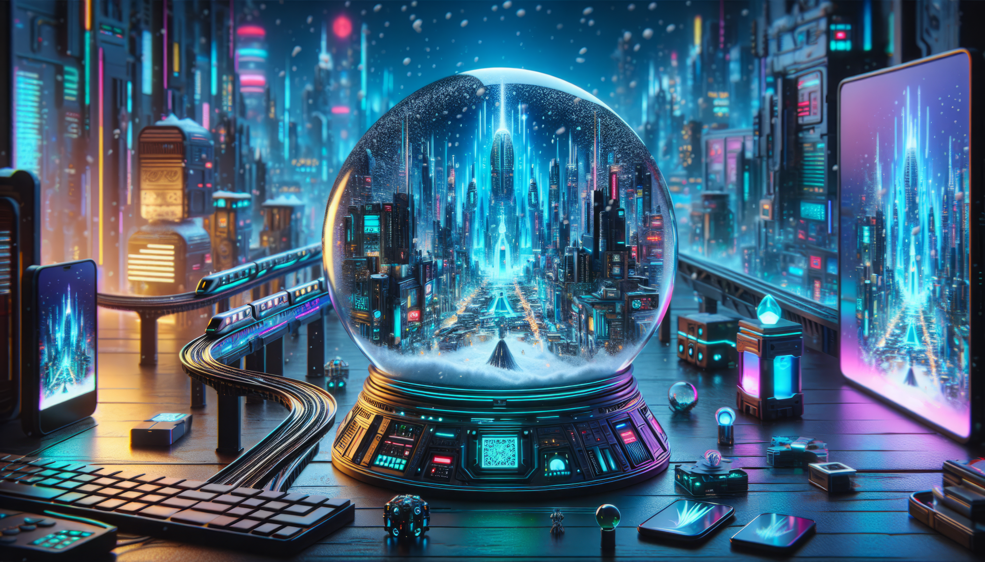 Futuristic cityscape inside a snow globe on a desk with neon lights for HD desktop wallpaper and background.
