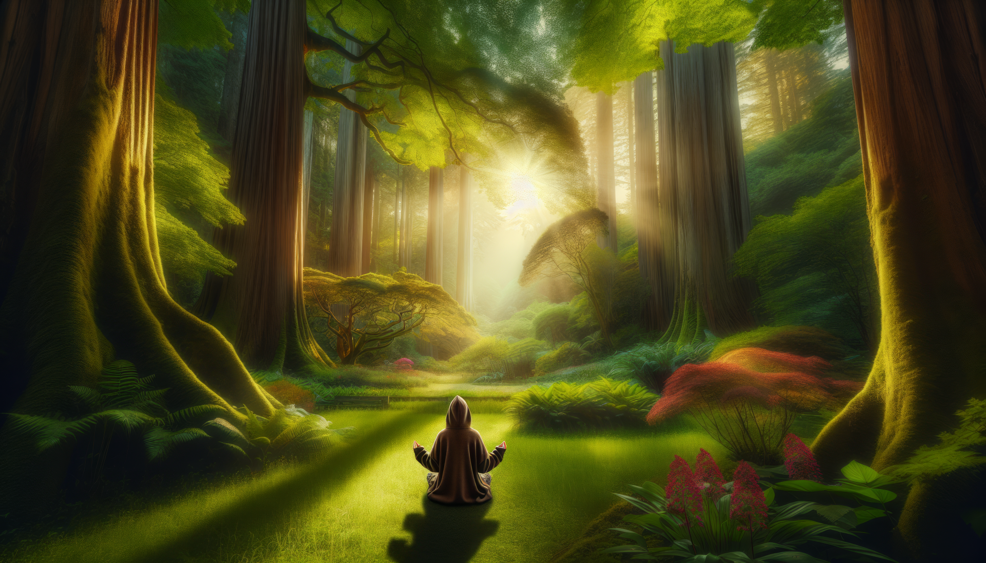 Person in hoodie meditating in a vibrant forest with sunlight streaming through trees, HD desktop wallpaper.