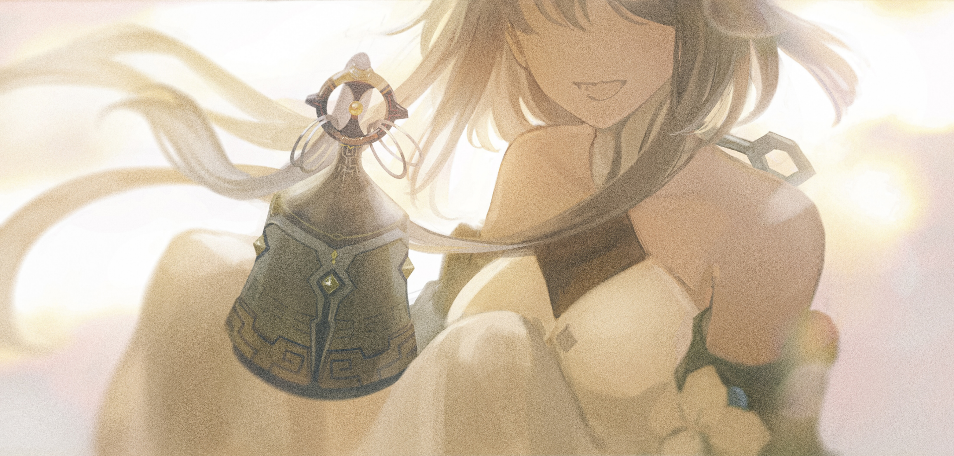 HD PC desktop wallpaper featuring Guizhong from Genshin Impact in soft, warm tones with flowing hair and a mystical artifact floating nearby.