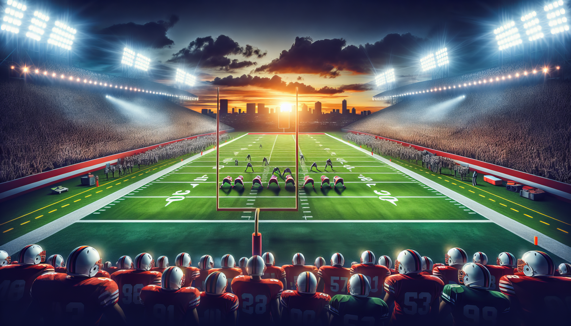 HD NFL desktop wallpaper featuring an intense football game at sunset with stadium lights illuminating the players on the field and a backdrop of a city skyline.