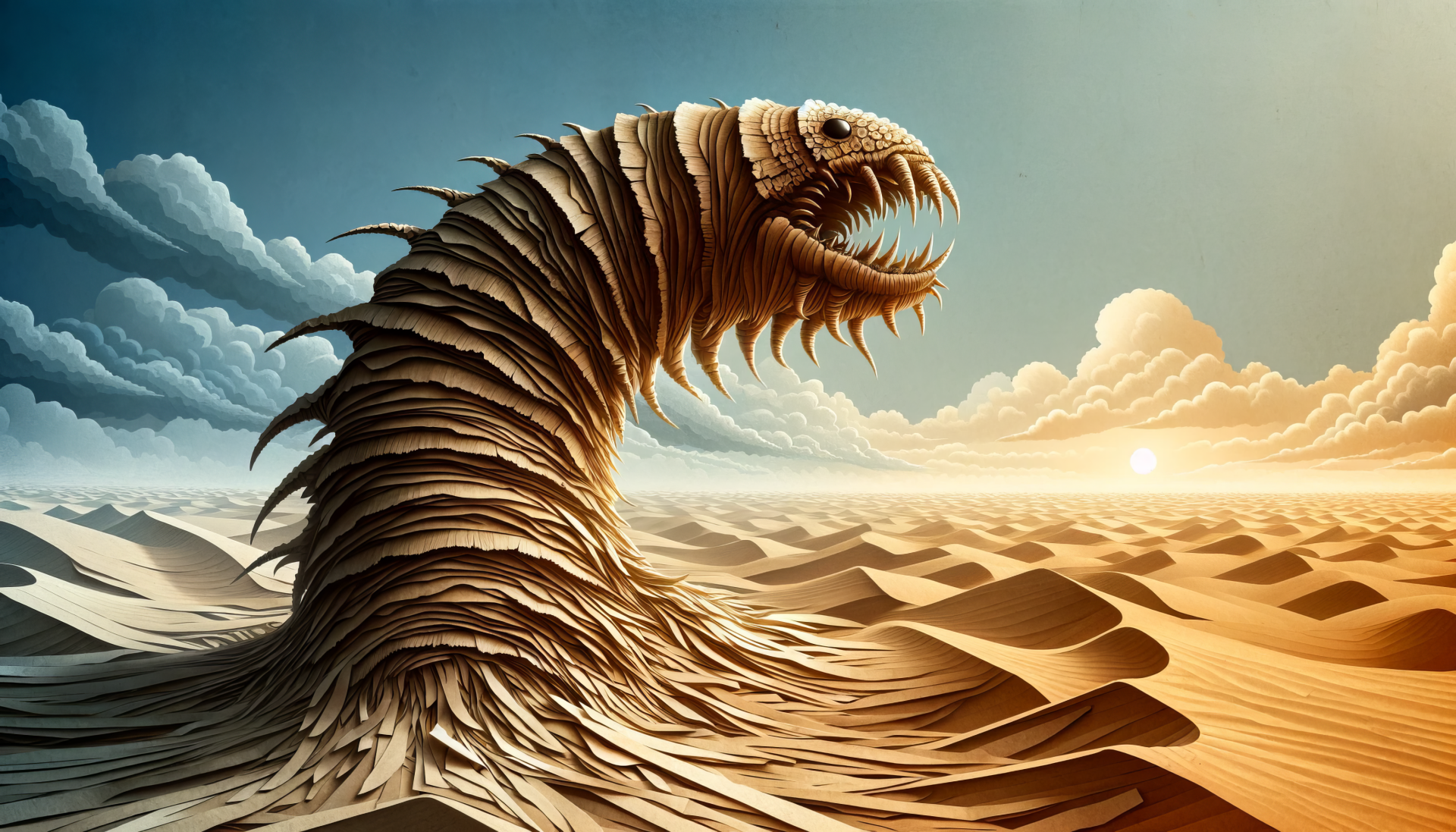 HD desktop wallpaper featuring a majestic sandworm emerging from desert dunes against a sunset sky.