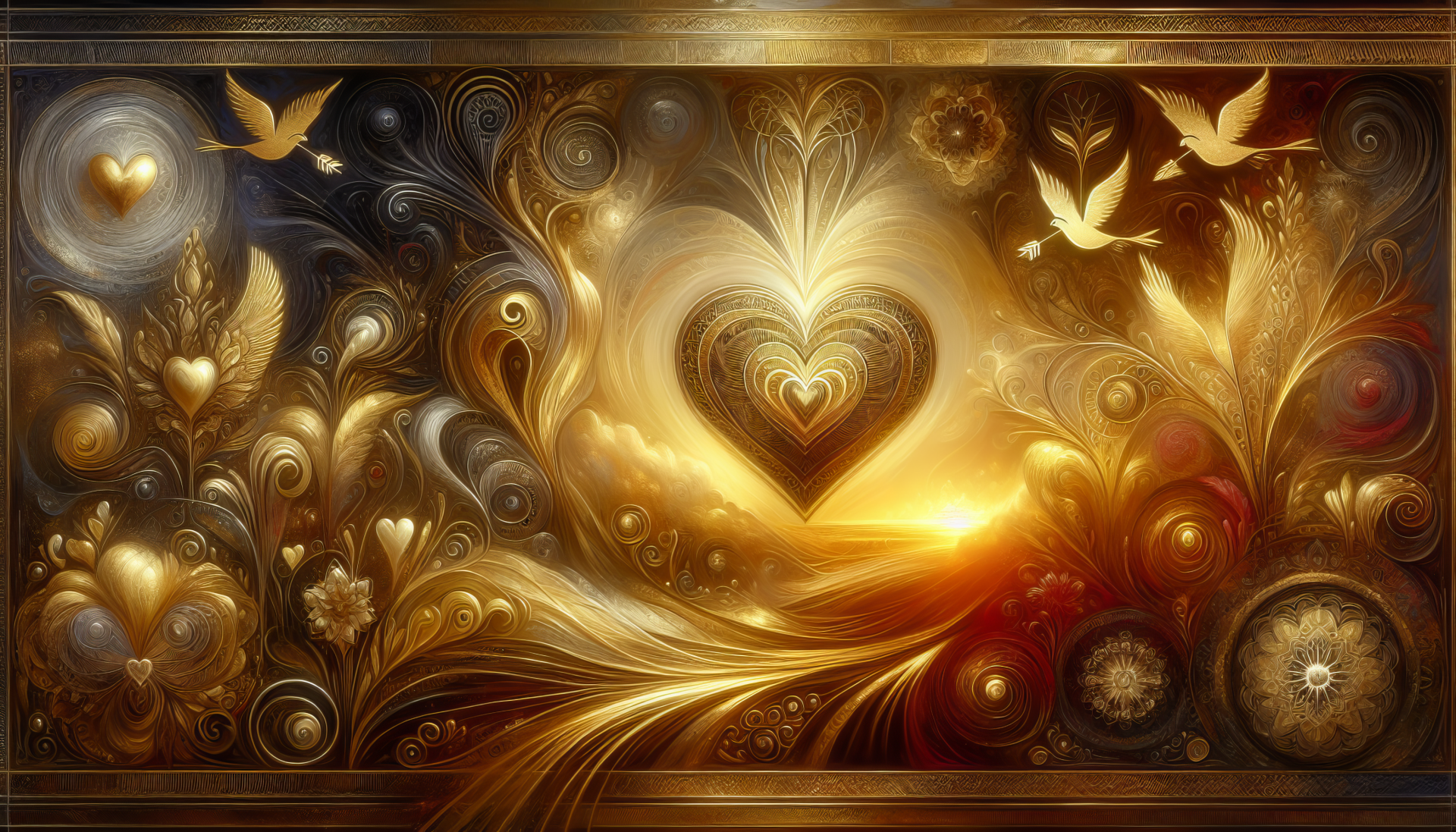 HD Valentine's Day desktop wallpaper featuring a golden heart design with abstract patterns and flying birds.