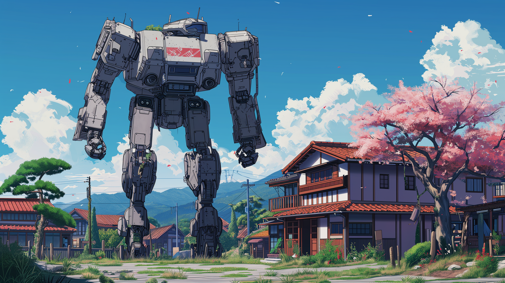 HD anime-style wallpaper featuring a giant mech towering over traditional Japanese houses with cherry blossoms.