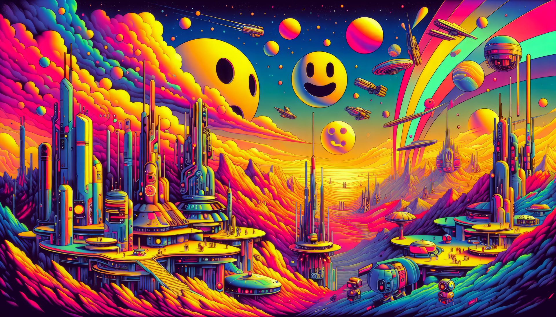 HD desktop wallpaper featuring a vibrant, futuristic cityscape with emoticon faces in a whimsical outer space setting, with colorful clouds and celestial bodies.