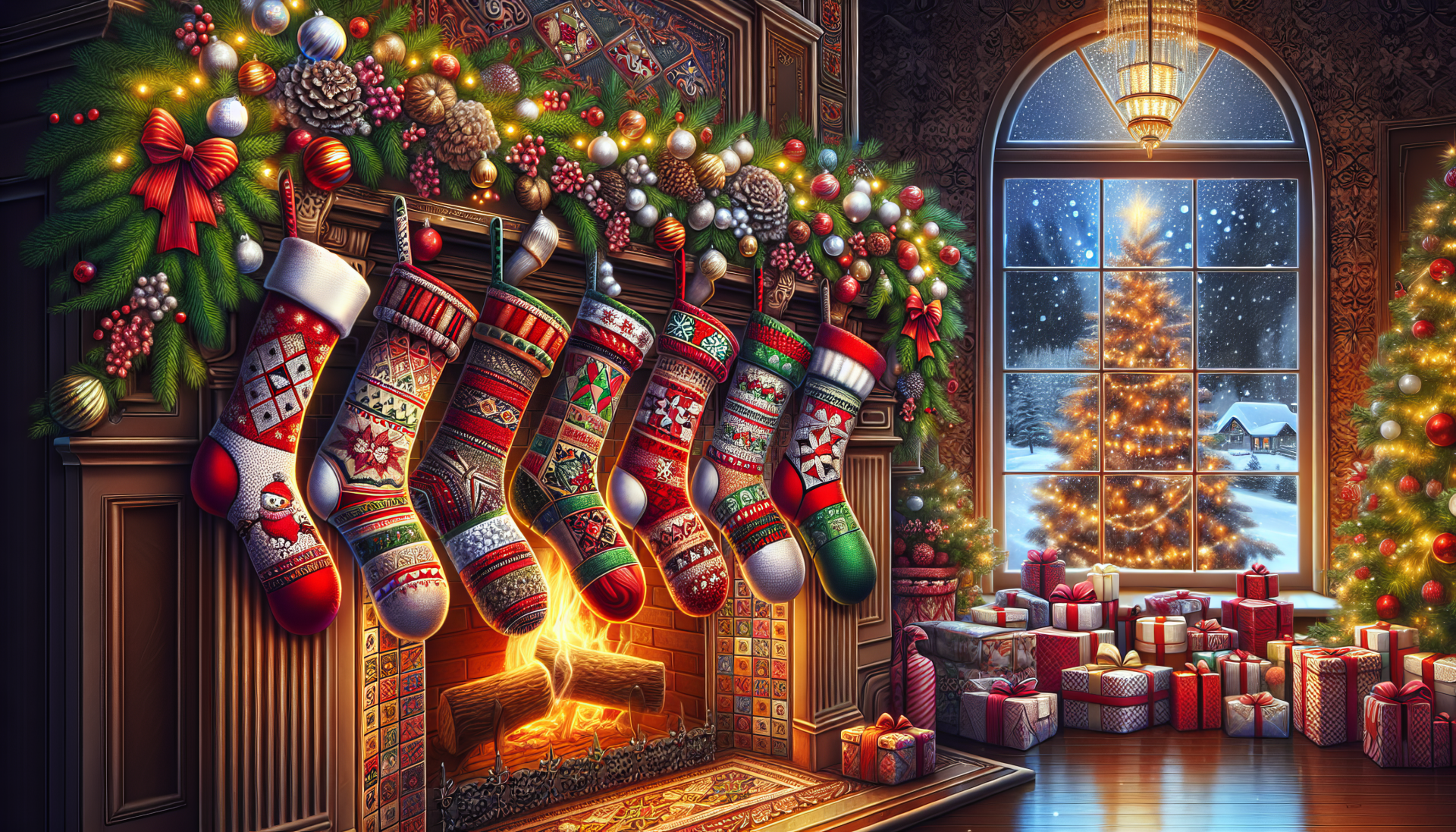 Christmas stockings hanging by the fireplace with festive decorations and tree in a cozy room HD wallpaper.