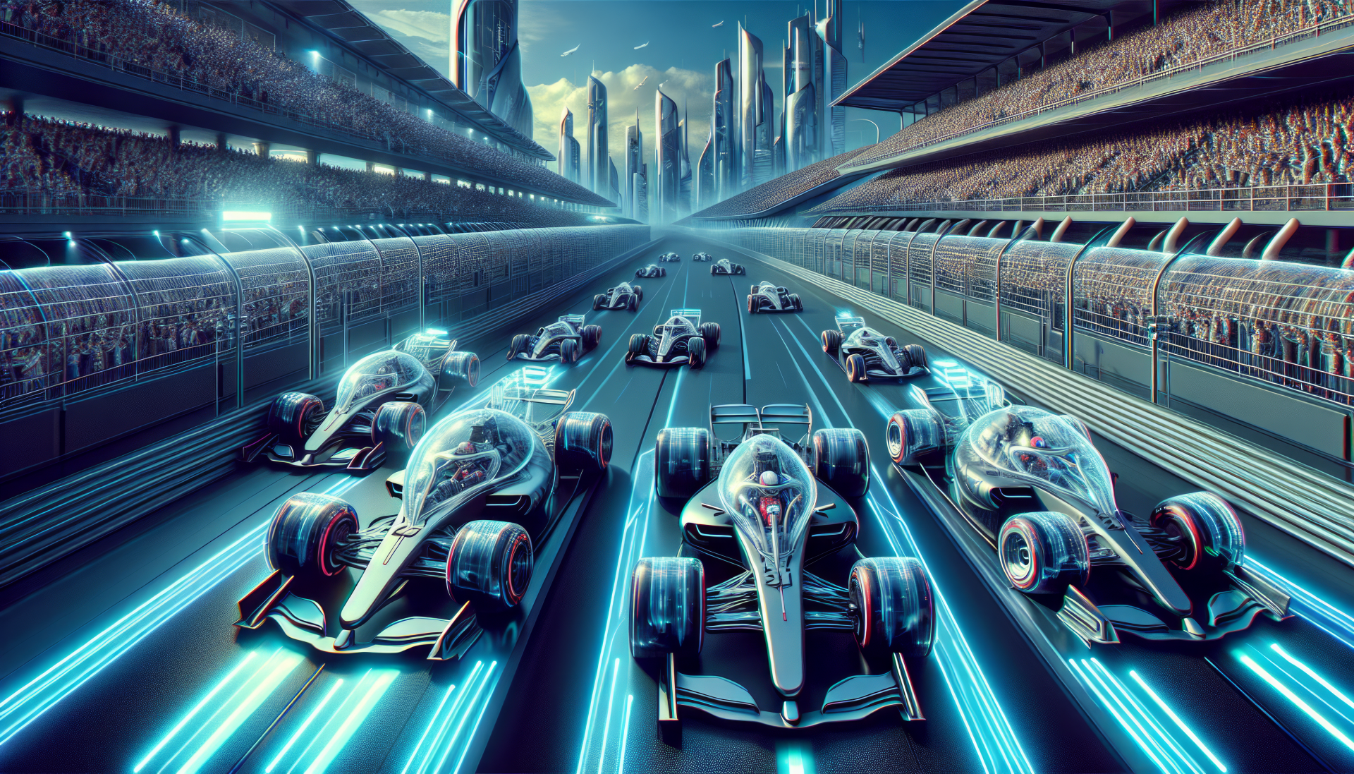 A dynamic HD desktop wallpaper featuring futuristic F1 cars racing down a vibrant track, set against a backdrop of sleek skyscrapers and an energized crowd.