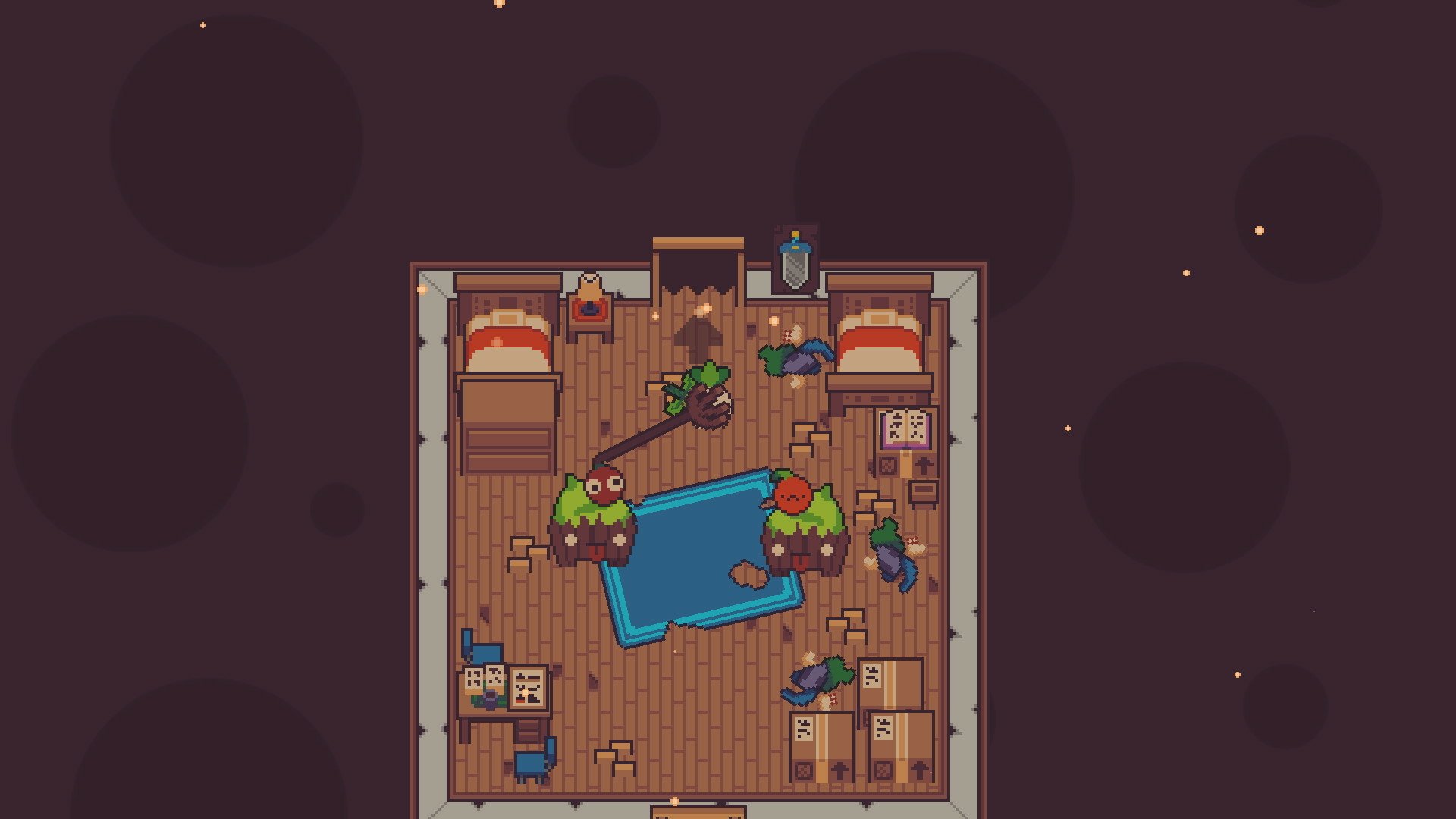 HD wallpaper featuring a scene from the video game Turnip Boy Commits Tax Evasion with a whimsical character in a room setting ready for desktop background use.