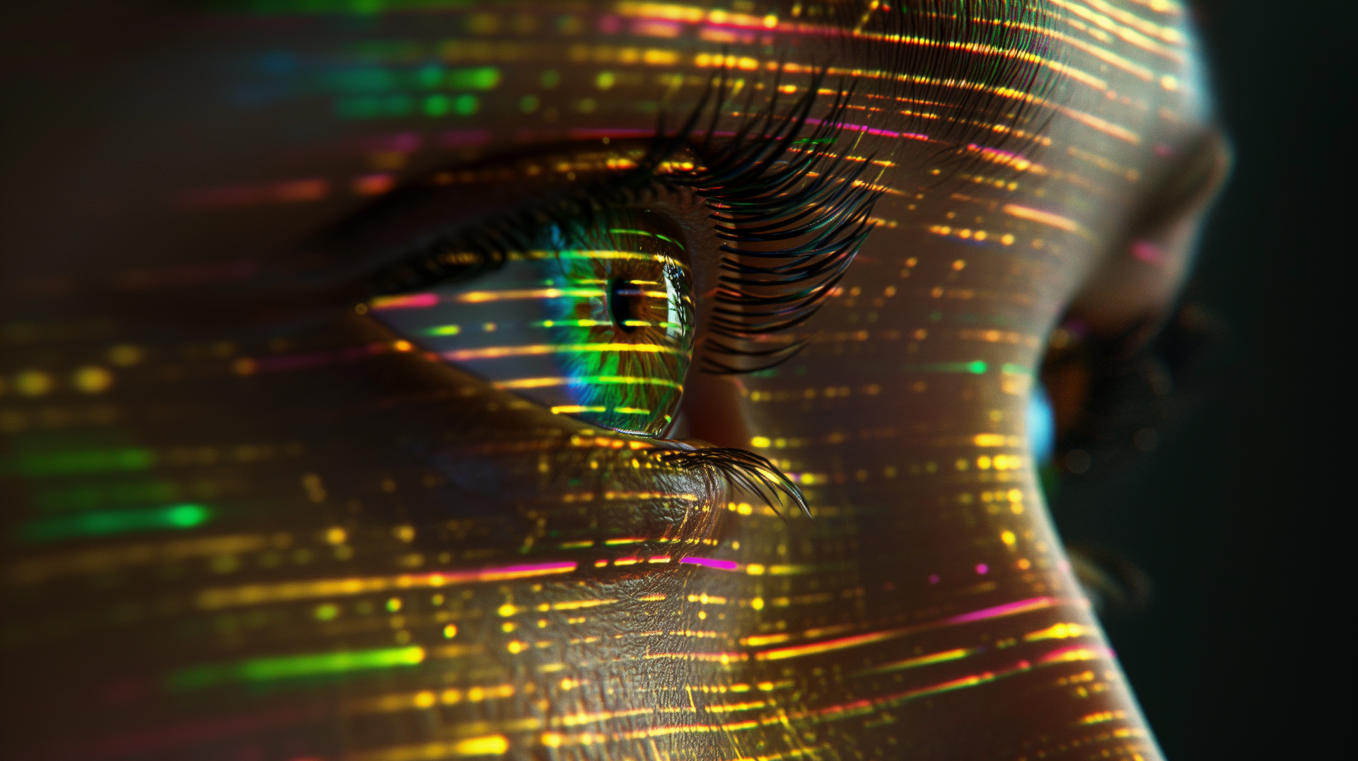 HD desktop wallpaper featuring a close-up of a woman's eye with vibrant digital patterns overlaying her skin.