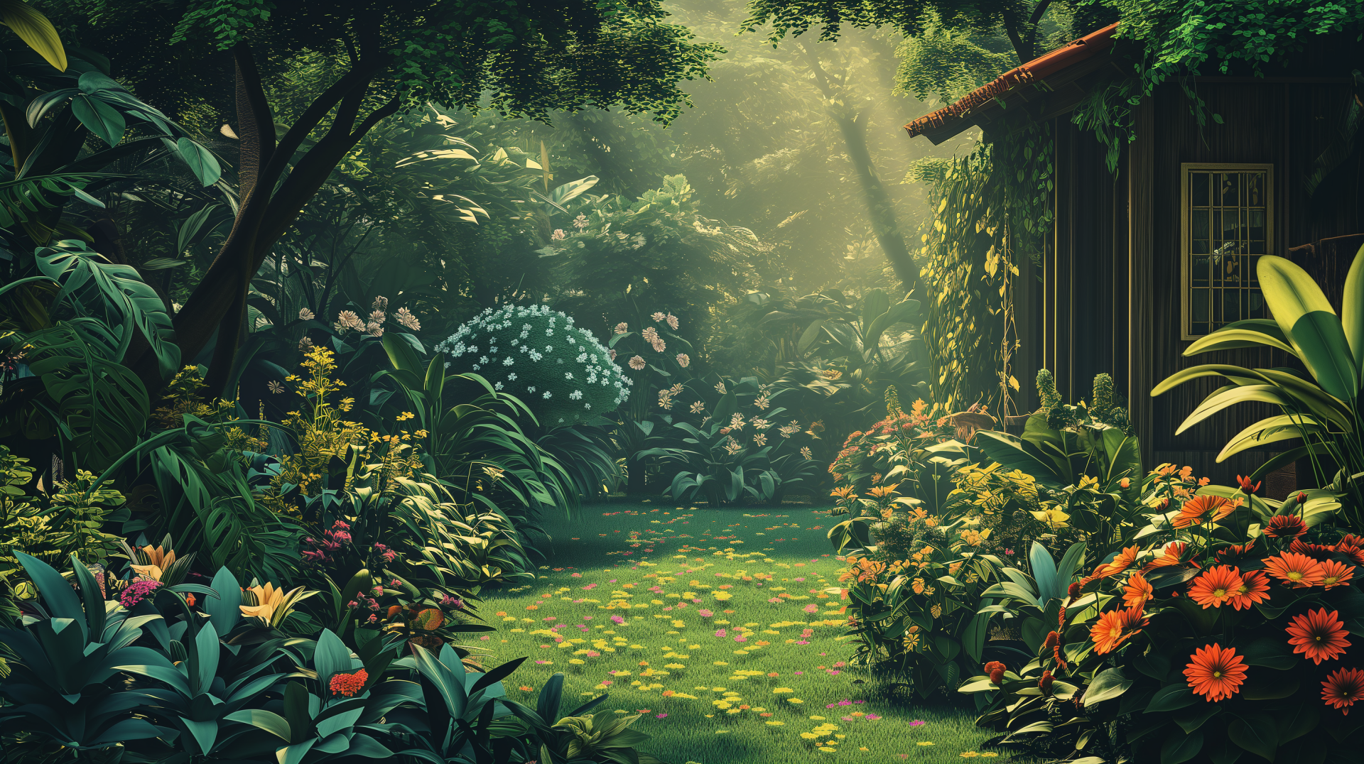 A serene flower garden with vibrant blooms, lush greenery, and soft sunlight filtering through the trees, creating a tranquil atmosphere for an enchanting HD desktop wallpaper.