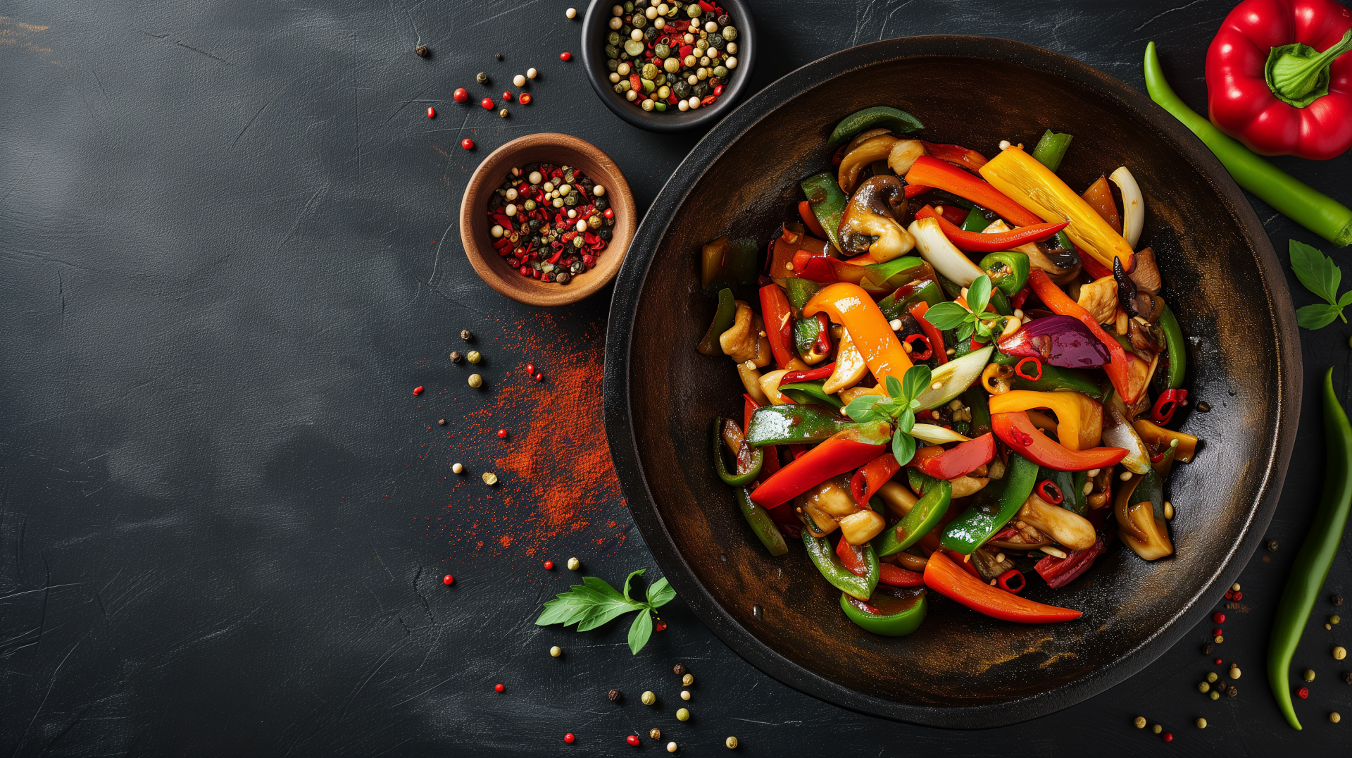 Vibrant stir-fry featuring colorful bell peppers, mushrooms, and fresh herbs, set against a dark background with spices, creating an enticing HD desktop wallpaper.