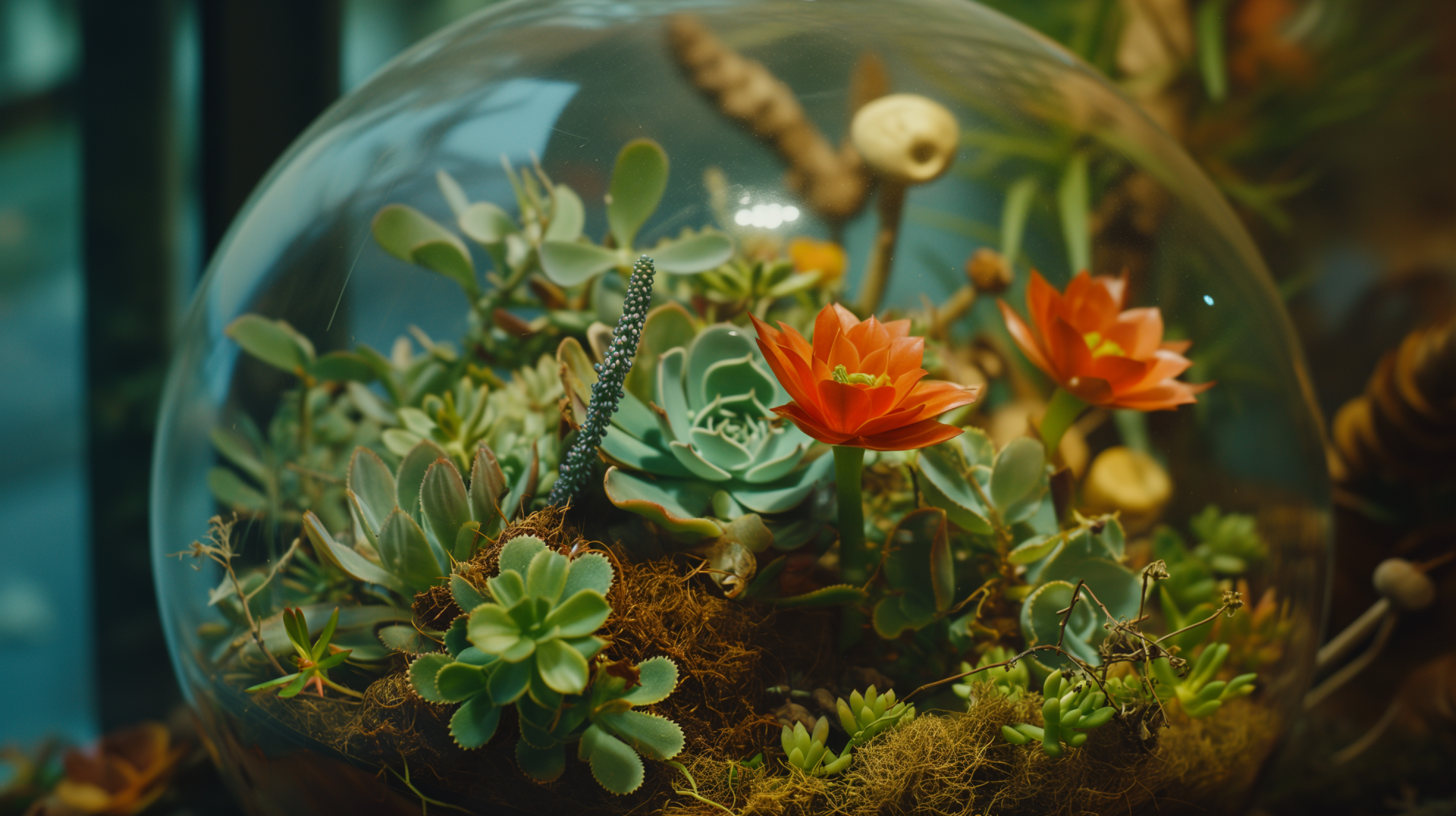 HD desktop wallpaper featuring a vibrant terrarium with a variety of succulents and flowers in a glass globe.