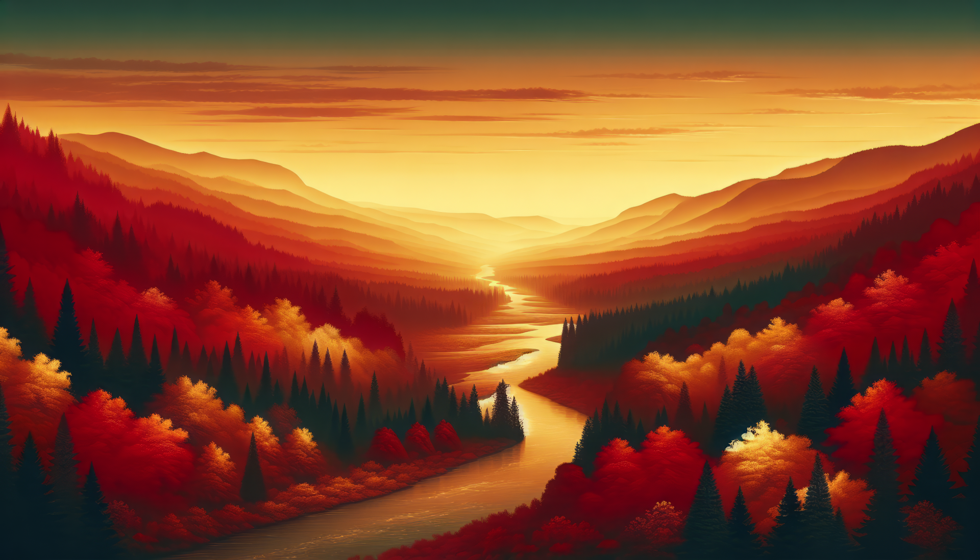 HD wallpaper of a stunning autumn landscape with layers of mountain ranges and a serene river reflecting the warm glow of a sunset.
