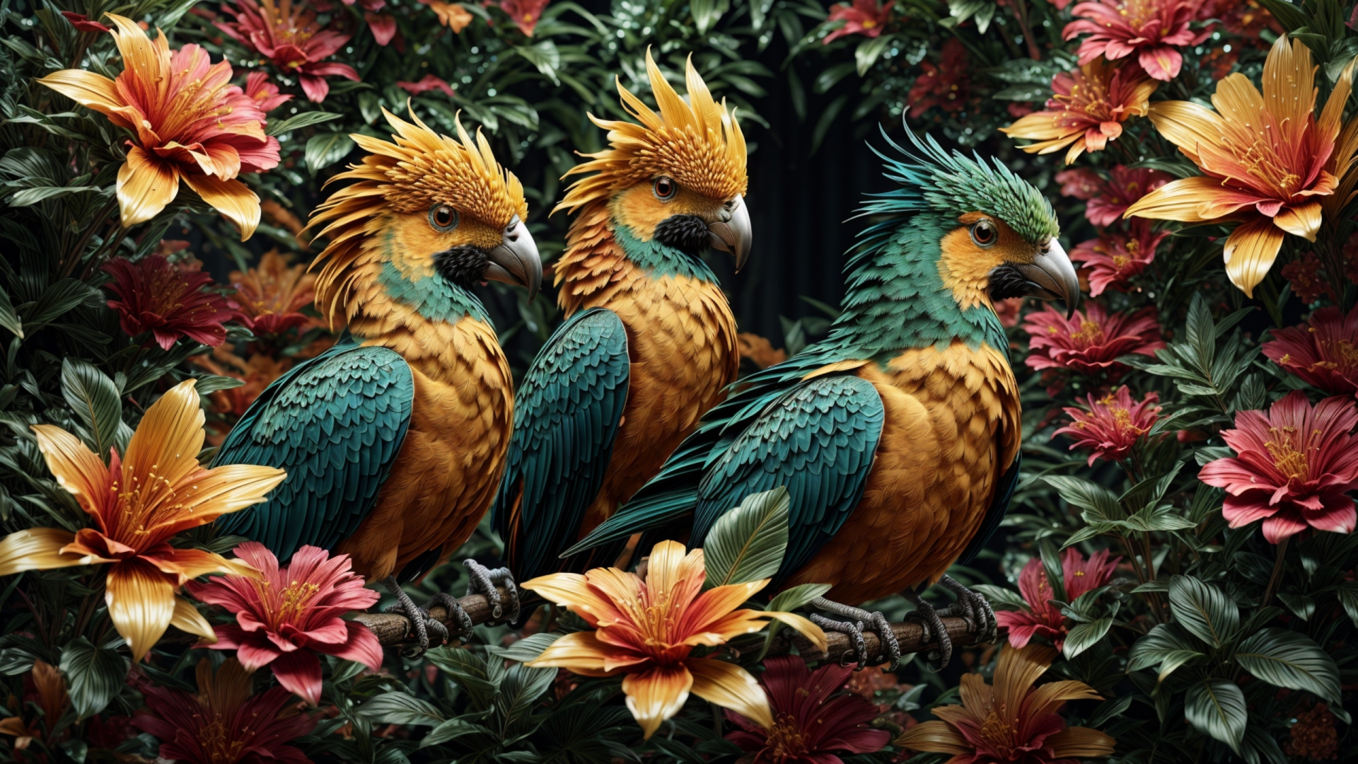 HD PC desktop wallpaper showcasing three colorful birds perched among vibrant jungle flowers and dense green foliage.