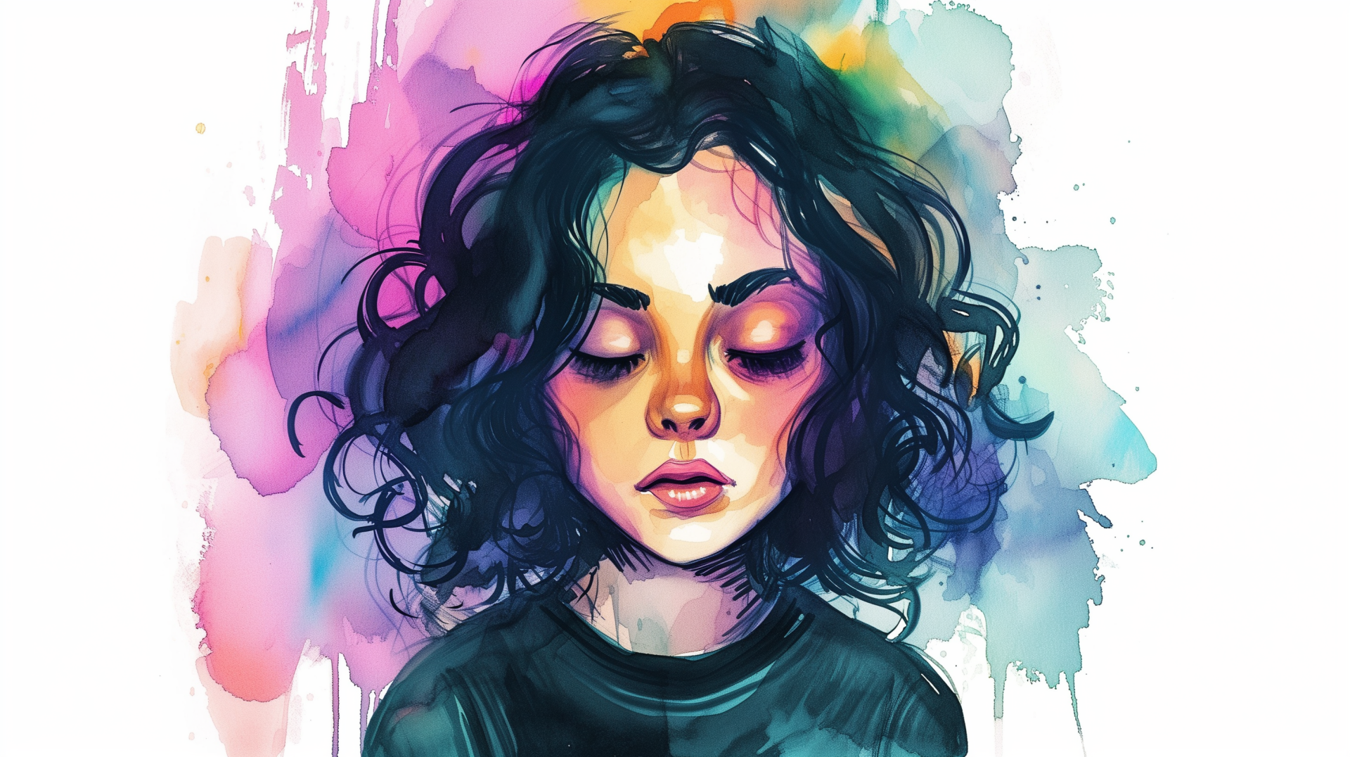 HD wallpaper of a colorful illustration featuring a sad lo-fi girl with a thoughtful expression, set against a vibrant watercolor background.