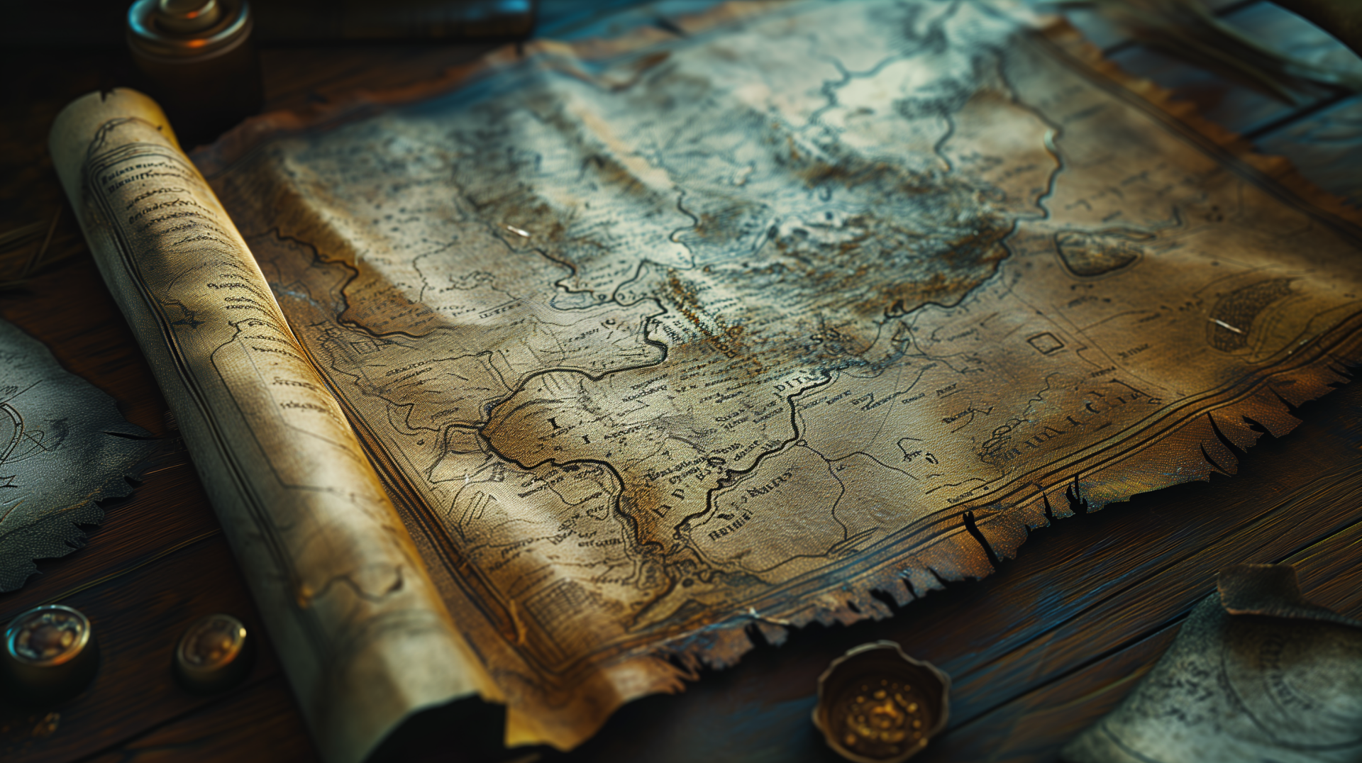 HD desktop wallpaper of an intricately detailed treasure map on a wooden table, surrounded by nautical tools.