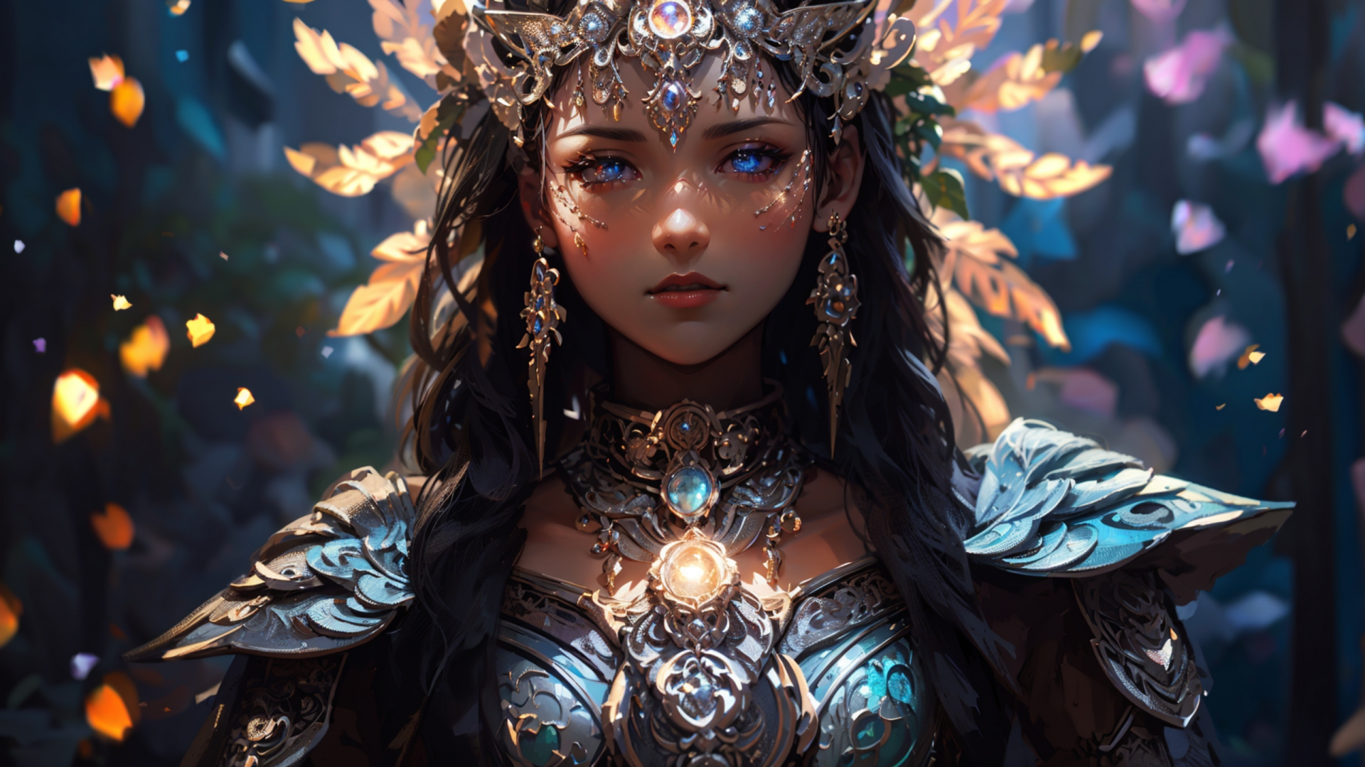 HD anime wallpaper of a Hindu princess woman adorned with intricate jewelry and armor, set against a glowing, magical background.