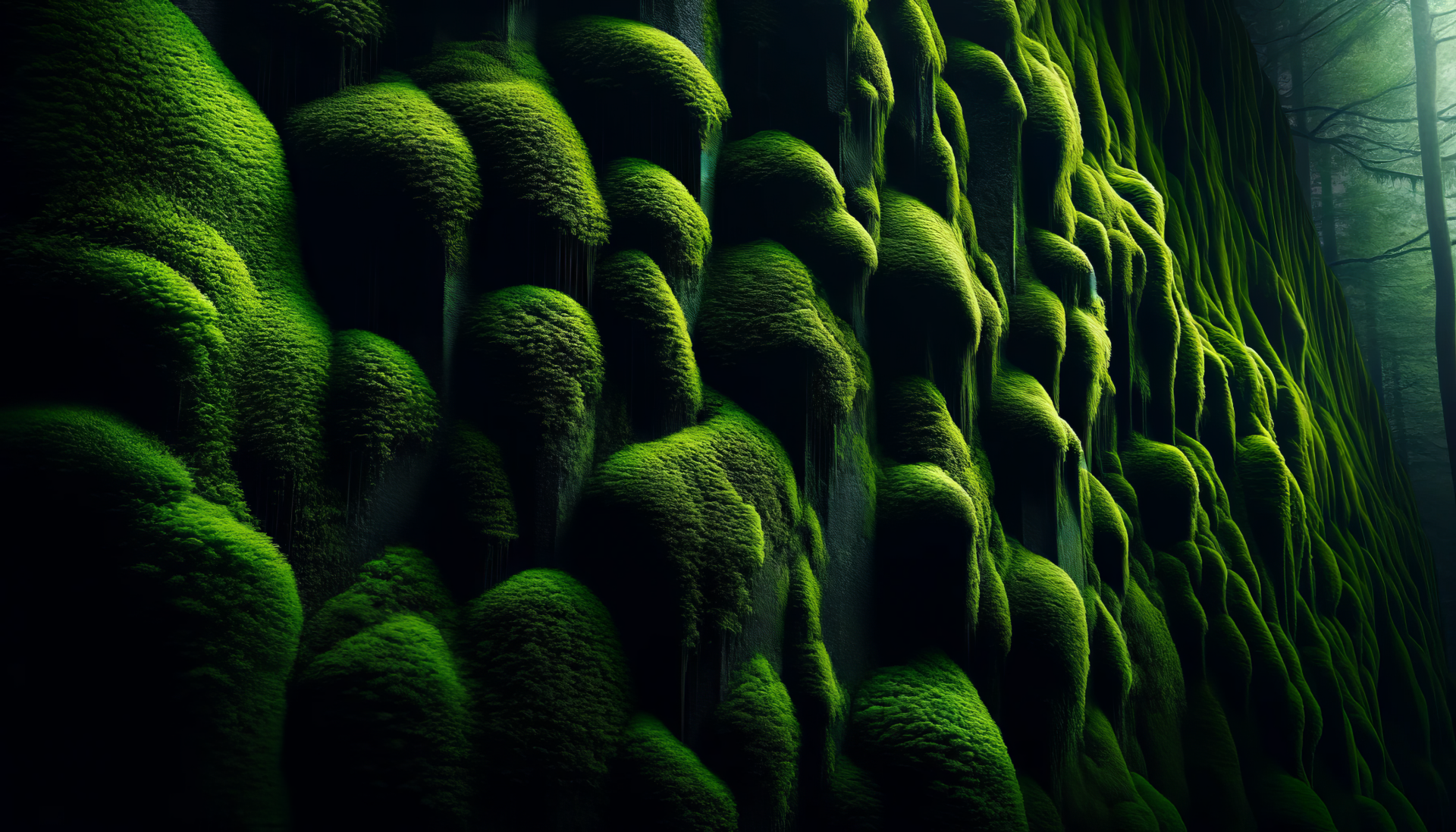 Lush green moss wall with a velvety texture makes for a calming HD desktop wallpaper with a nature-inspired theme.