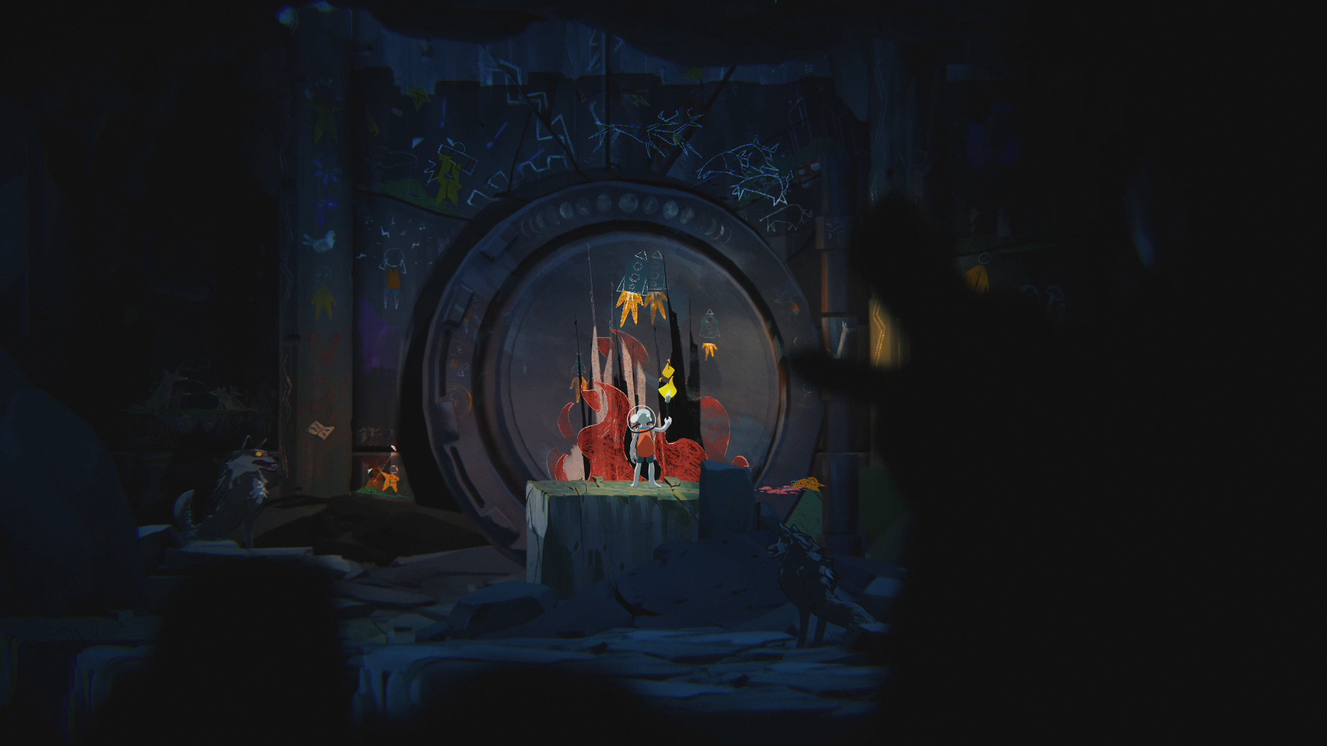 HD desktop wallpaper featuring mysterious scene from 'The Cub' video game with vibrant graffiti on vault door in dimly lit environment.