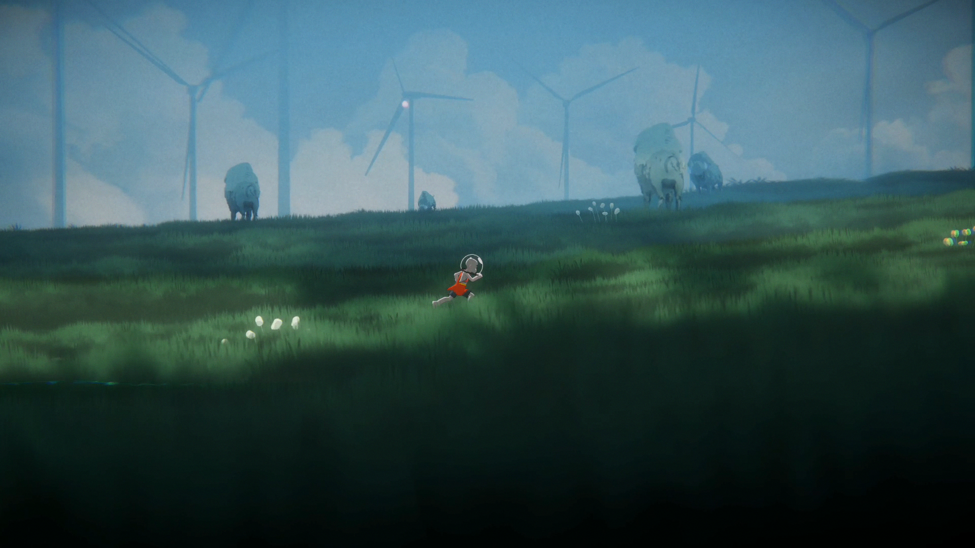 HD desktop wallpaper featuring a scene from the video game 'The Cub' with a character exploring a misty landscape of green fields and wind turbines.