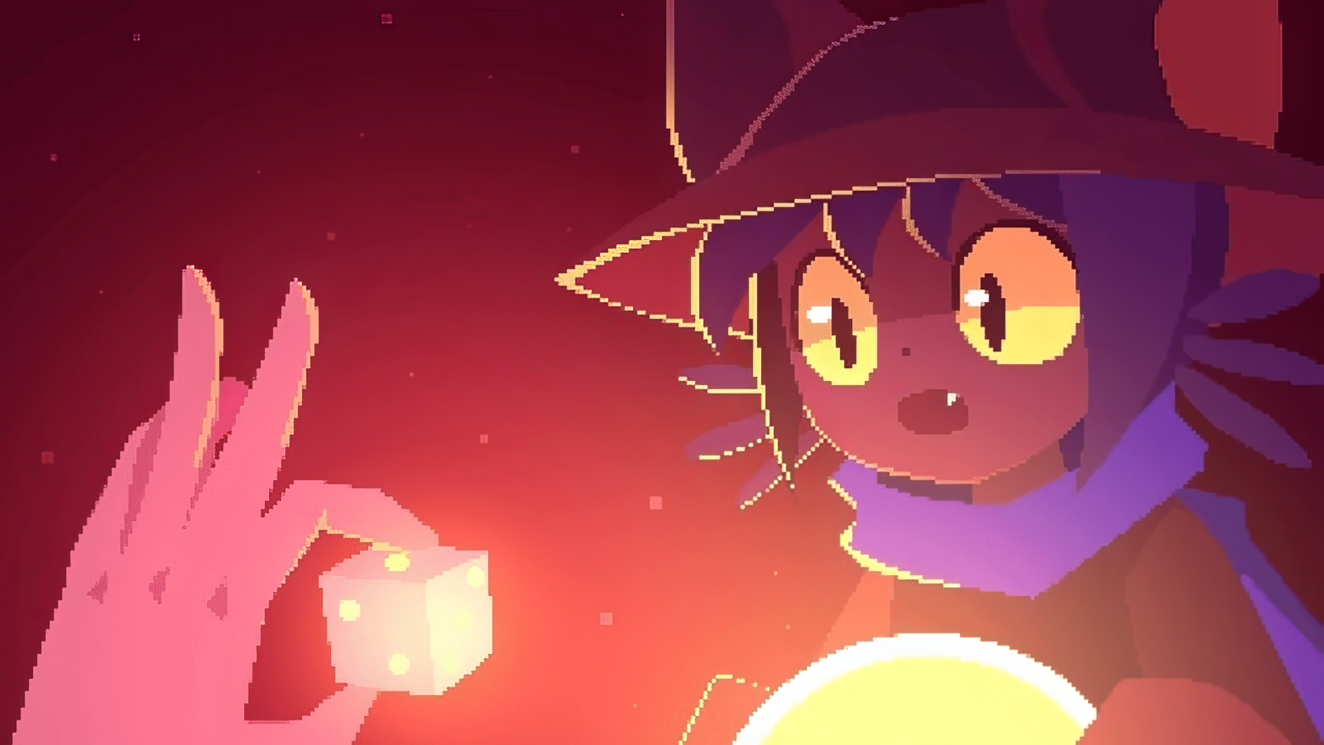 HD wallpaper featuring Niko from OneShot video game, holding a glowing orb with a mysterious hand reaching out, set against a vivid red background.
