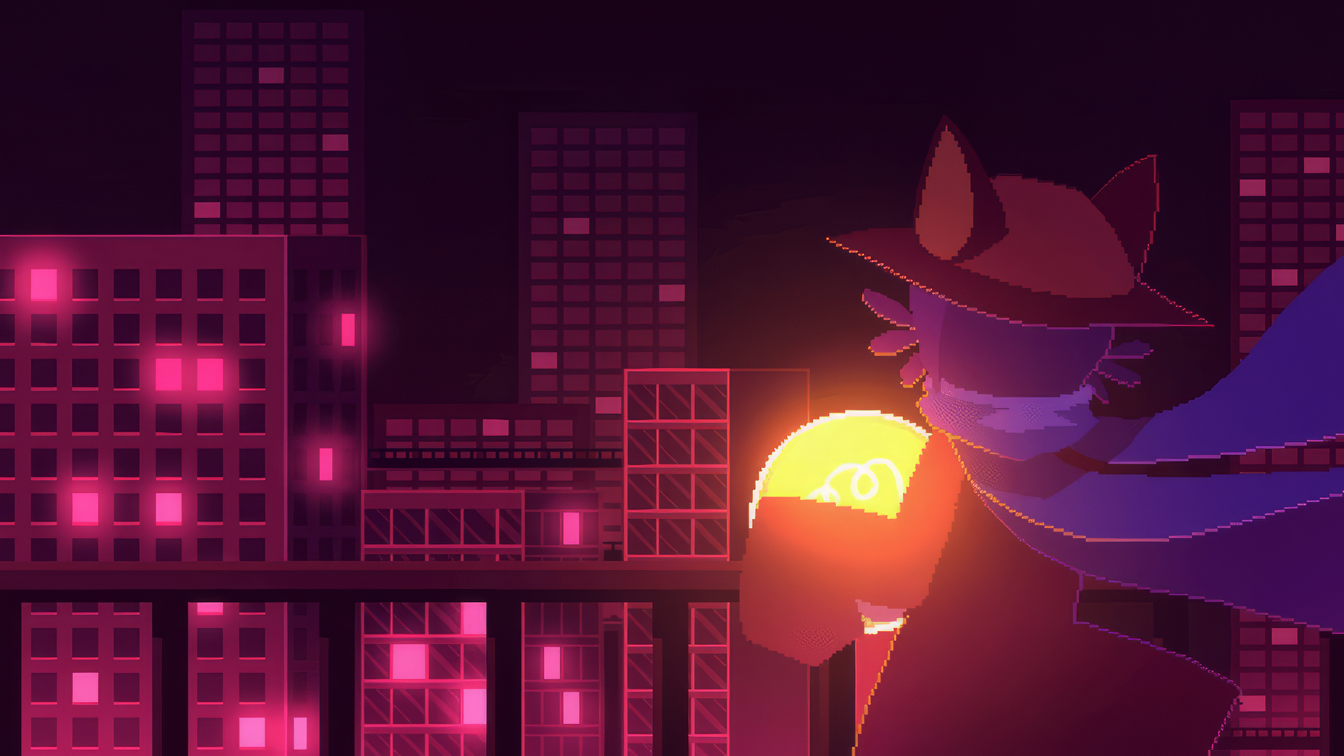 HD wallpaper featuring Niko holding a glowing orb in the OneShot video game with a neon-lit cityscape background.