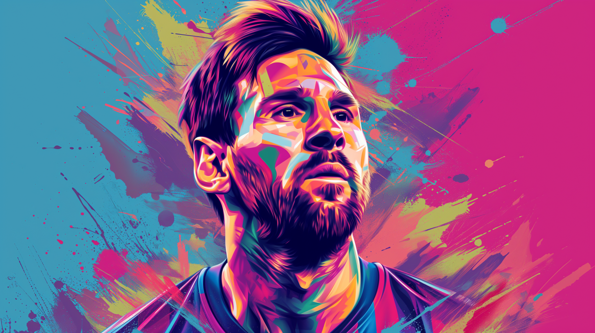 Vibrant HD wallpaper featuring an illustrated portrait of a soccer player with a colorful abstract background.