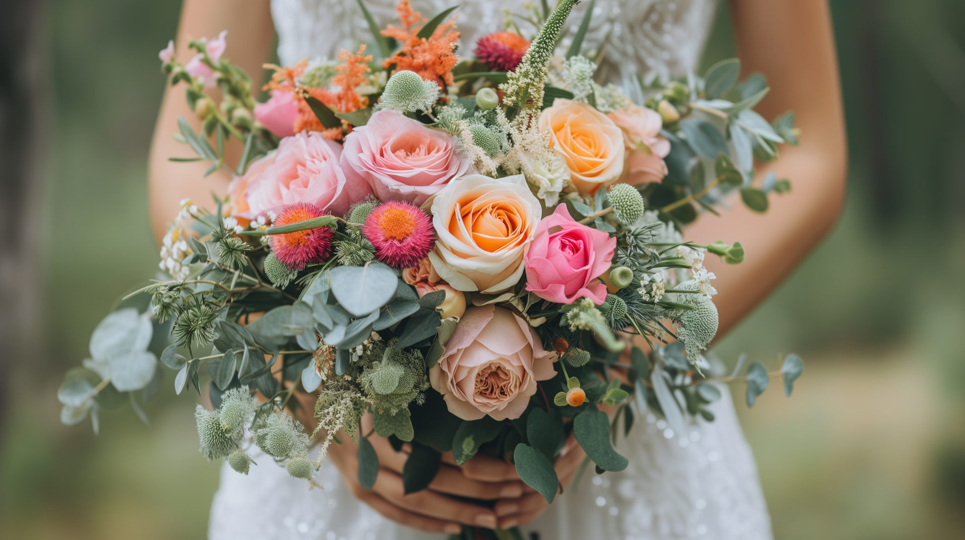 A beautiful wedding bouquet featuring pink roses, orange blooms, and greenery, captured in stunning detail for a high-definition desktop wallpaper and background.